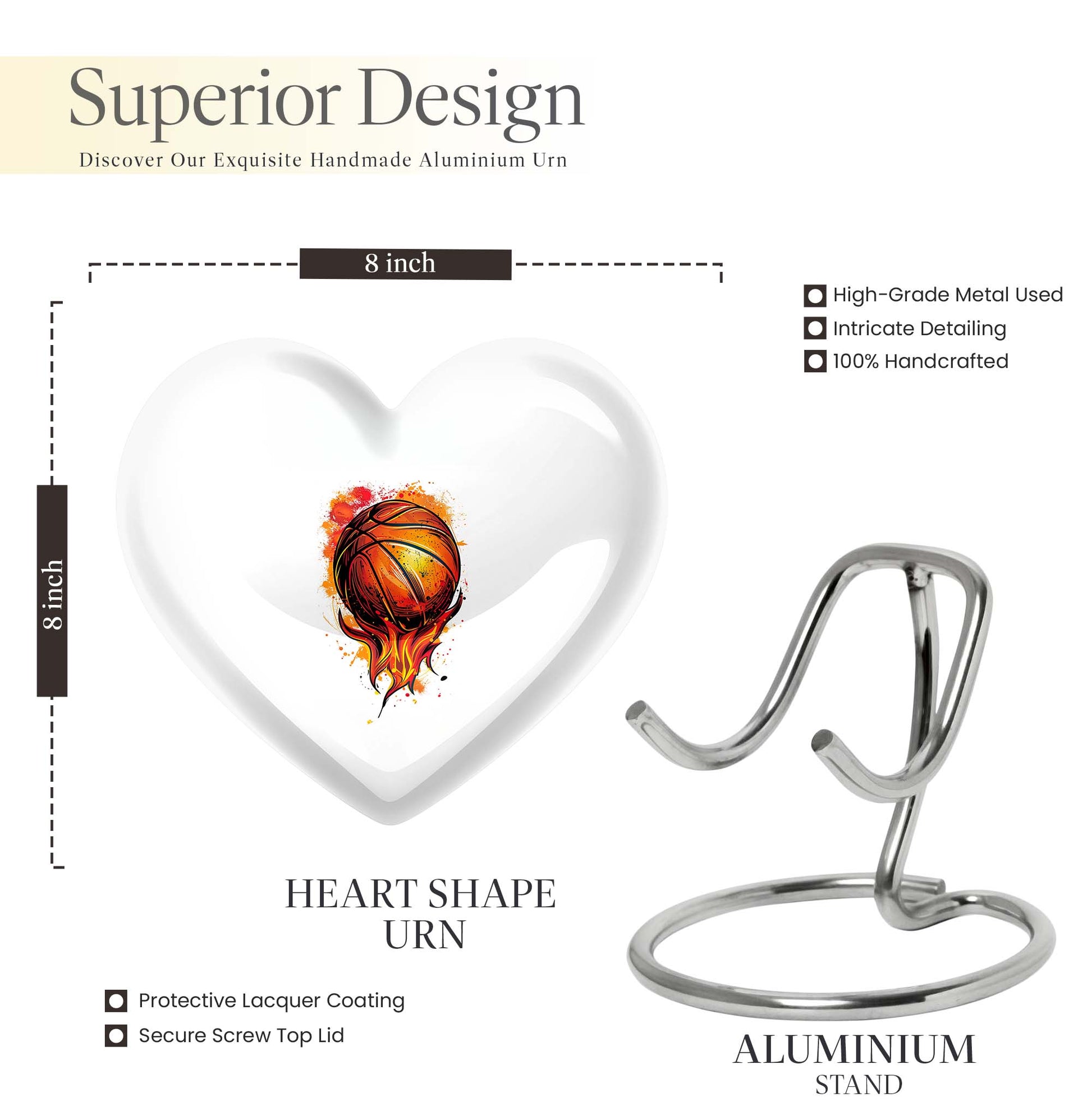 10-Inch heart-shaped basketball urn with gramophone theme engraving, aluminium memorial forever urn for ashes