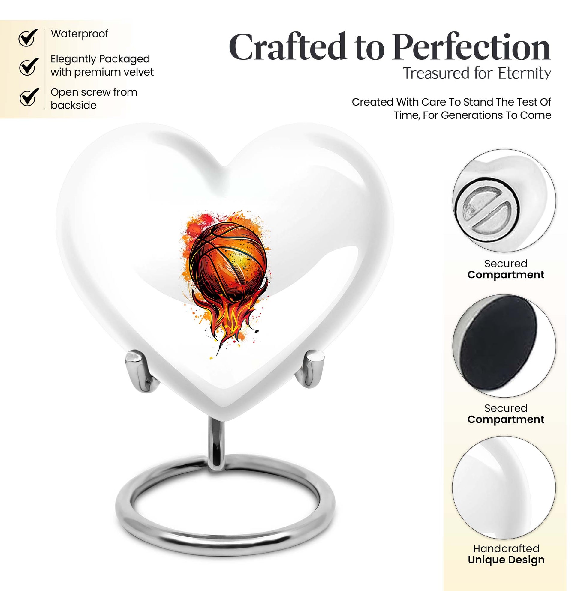 10-Inch heart-shaped basketball urn with gramophone theme engraving, aluminium memorial forever urn for ashes