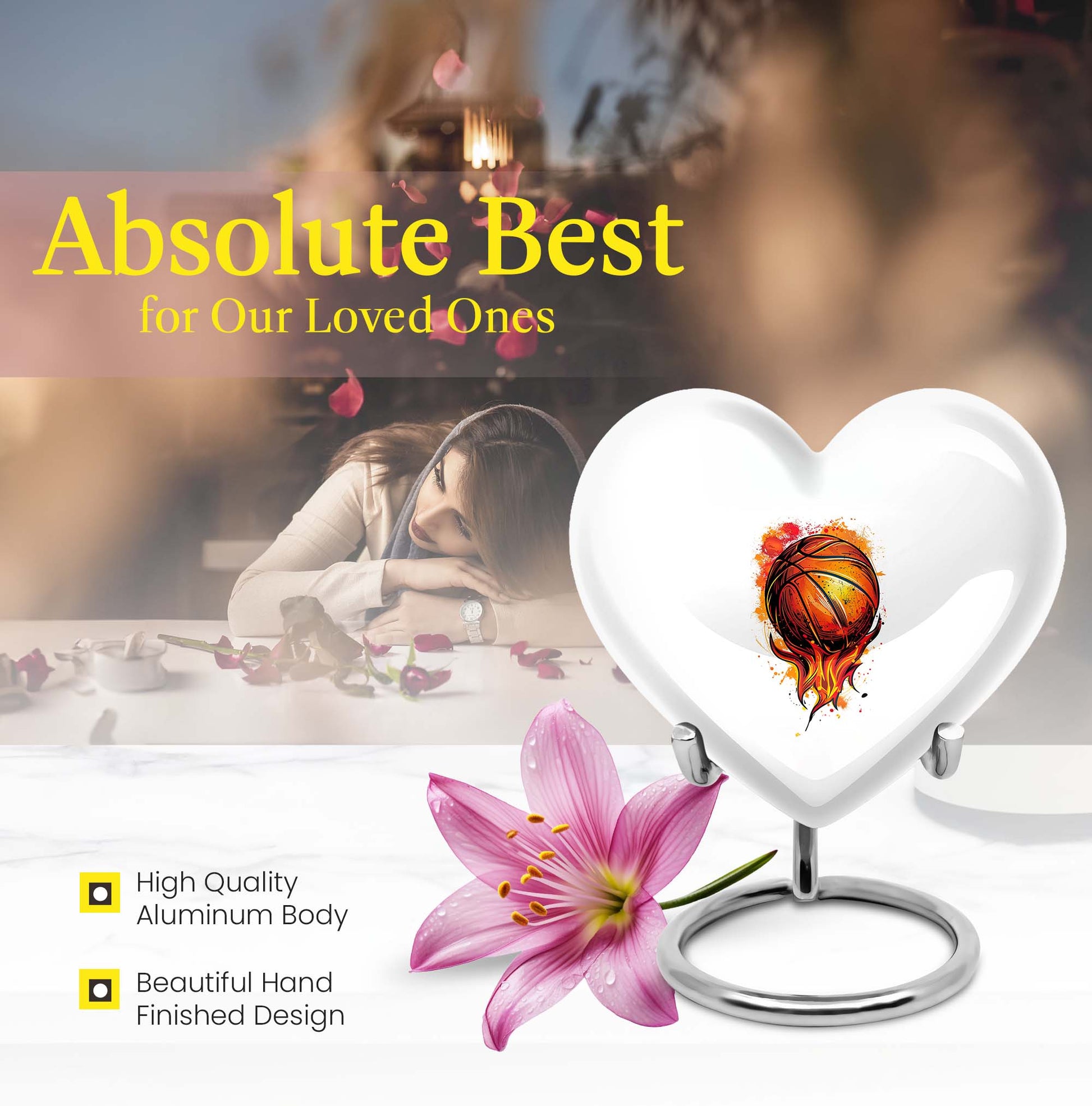10-Inch heart-shaped basketball urn with gramophone theme engraving, aluminium memorial forever urn for ashes