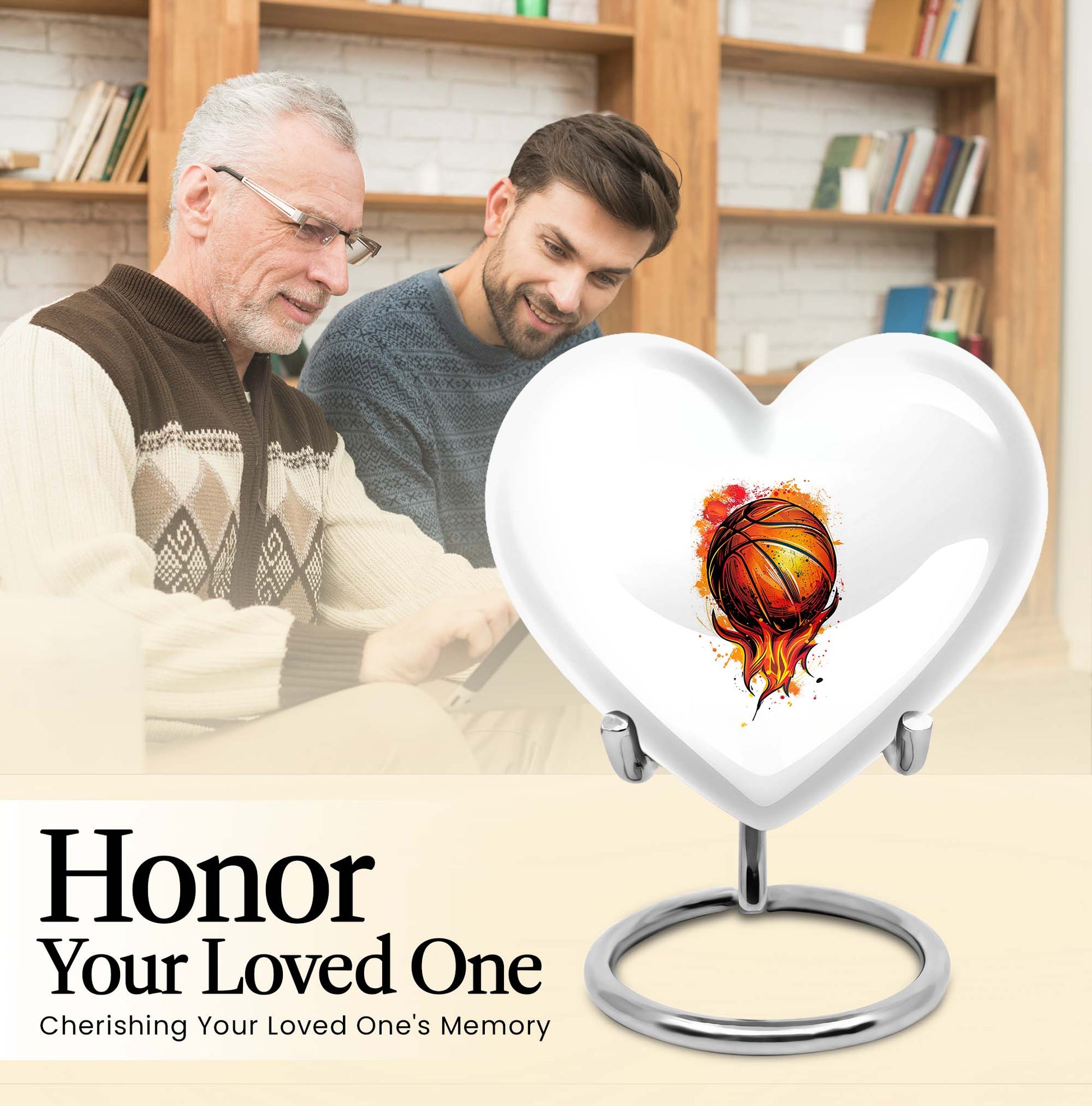 10-Inch heart-shaped basketball urn with gramophone theme engraving, aluminium memorial forever urn for ashes