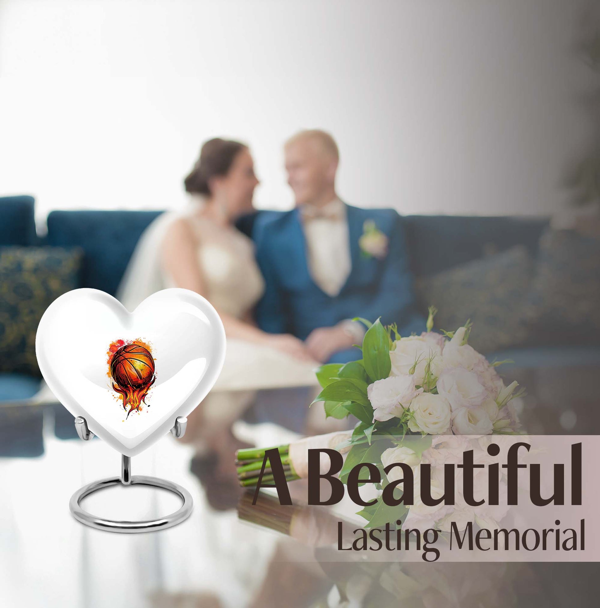 10-Inch heart-shaped basketball urn with gramophone theme engraving, aluminium memorial forever urn for ashes