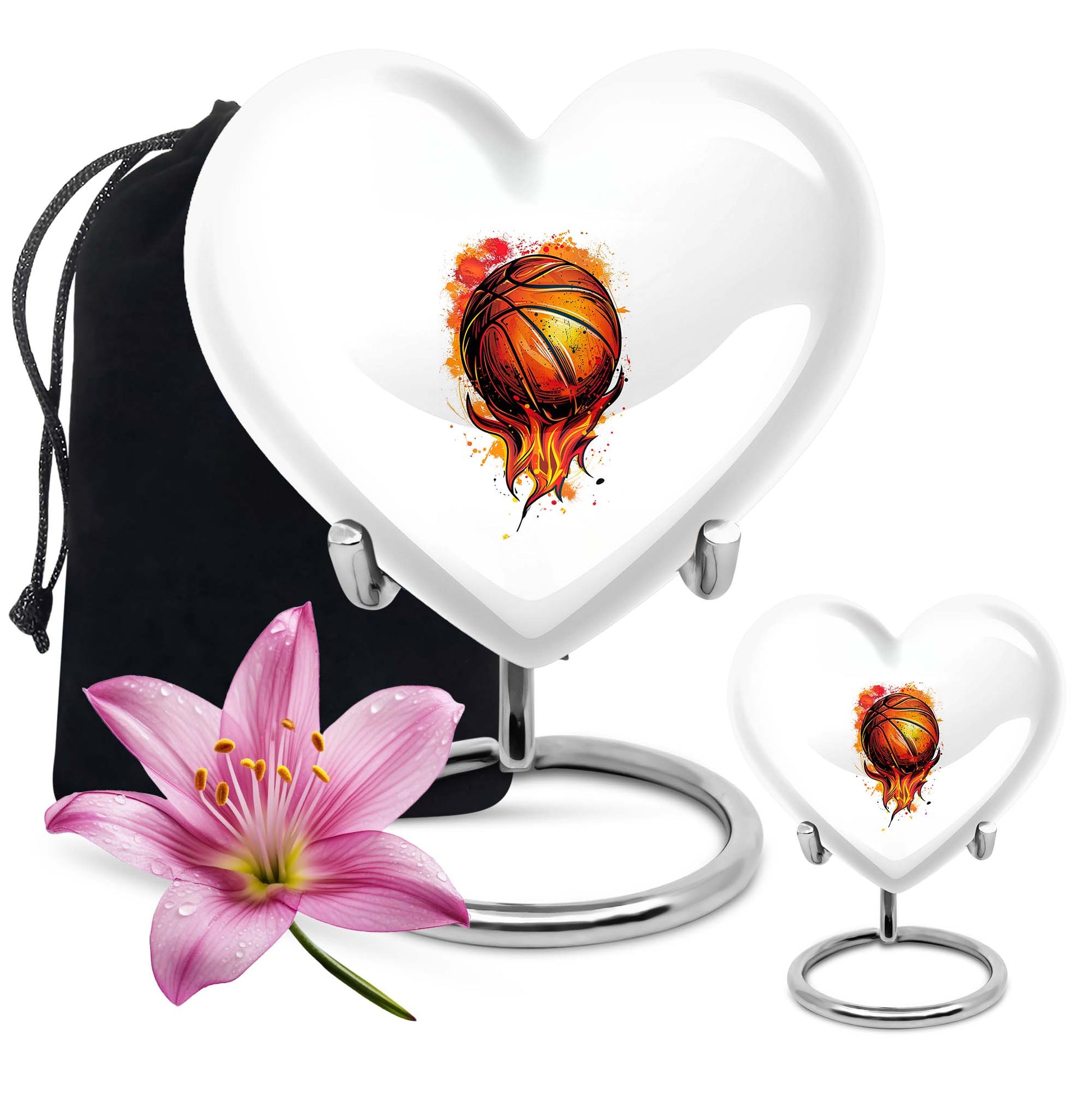 10-Inch heart-shaped basketball urn with gramophone theme engraving, aluminium memorial forever urn for ashes