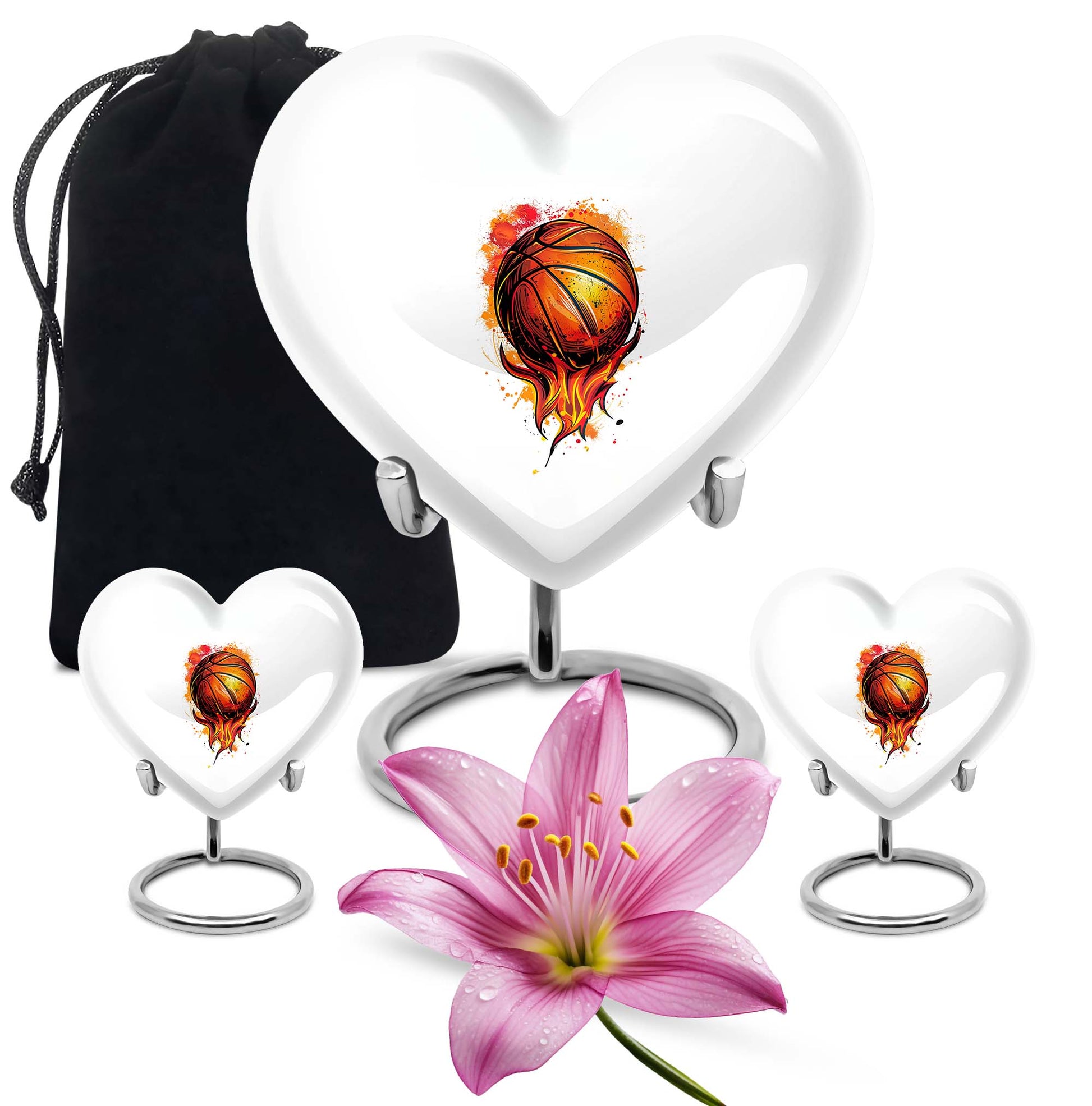 10-Inch heart-shaped basketball urn with gramophone theme engraving, aluminium memorial forever urn for ashes