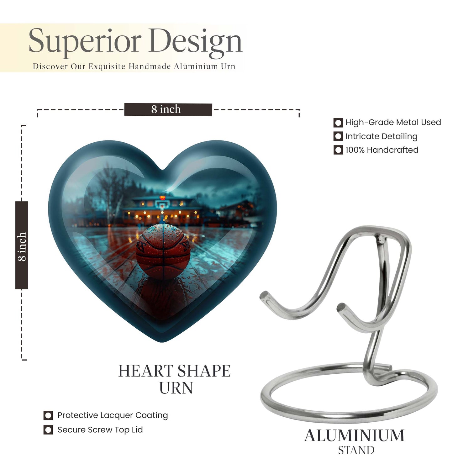 Large 10-inch Basketball Themed Heart-Shaped Memorial Urn for Men's Ashes