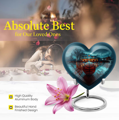 Large 10-inch Basketball Themed Heart-Shaped Memorial Urn for Men's Ashes