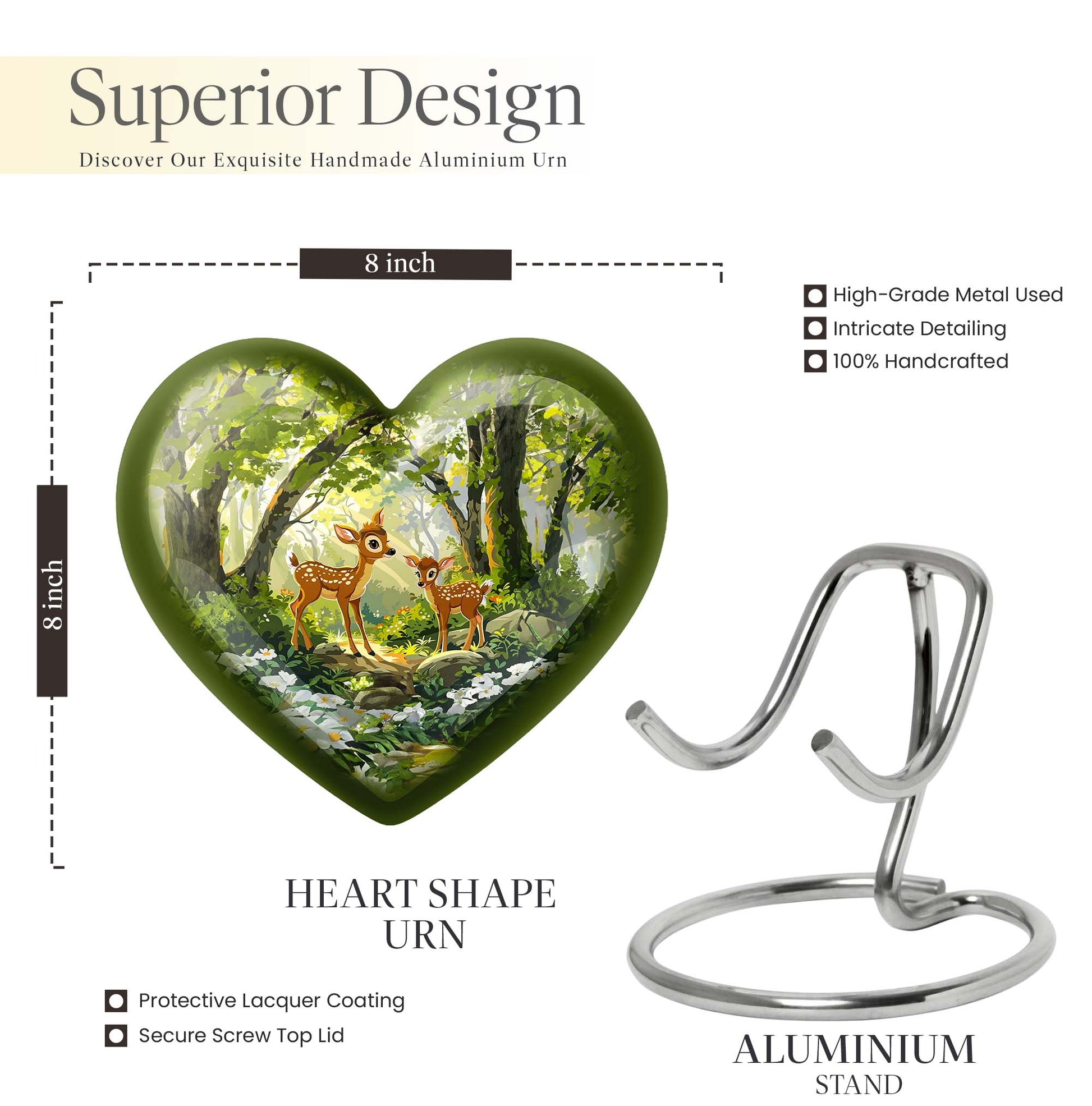 Large 10 inch heart-shaped deer urn for men's 