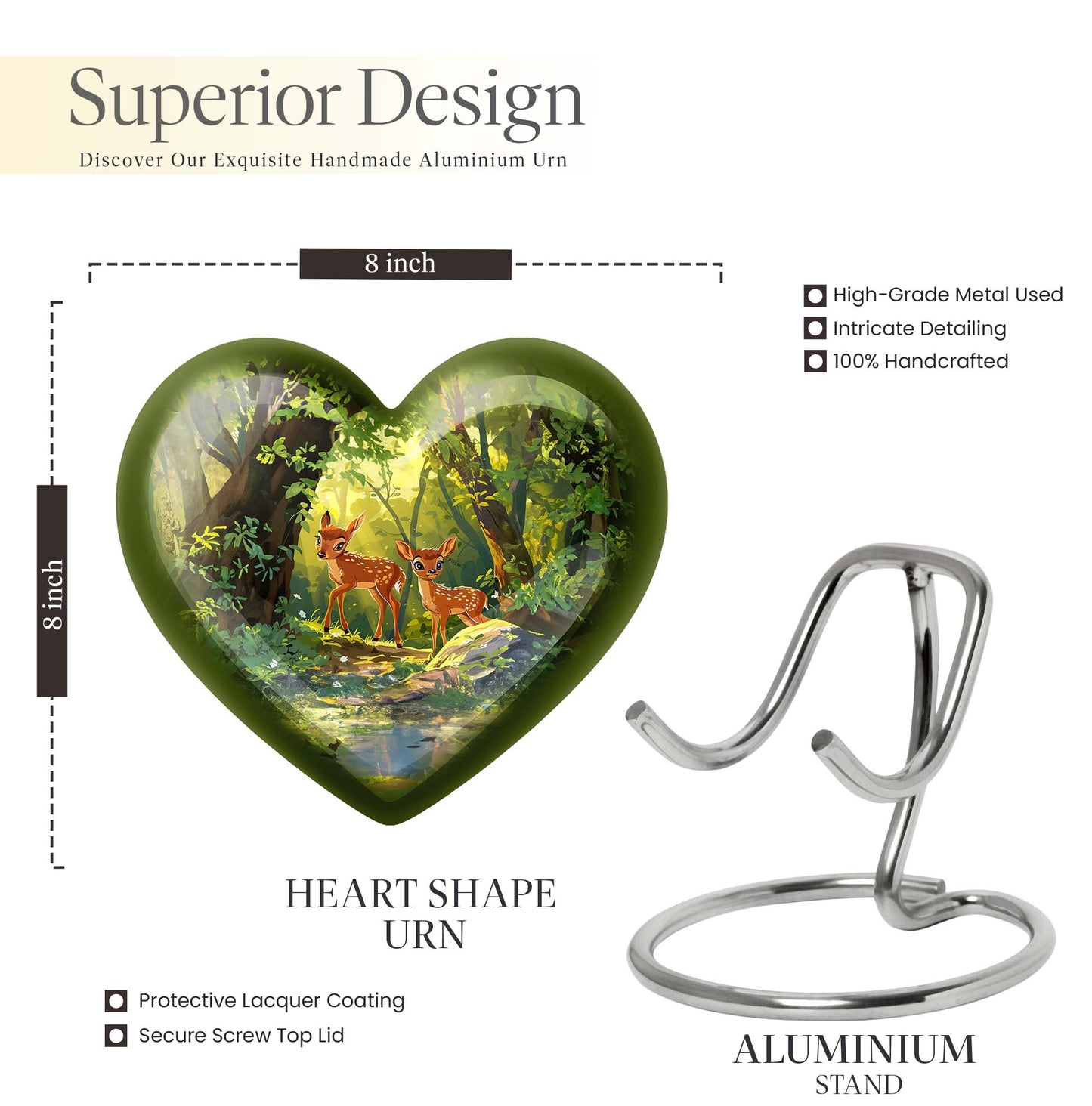 10-inch heart-shaped deer urn