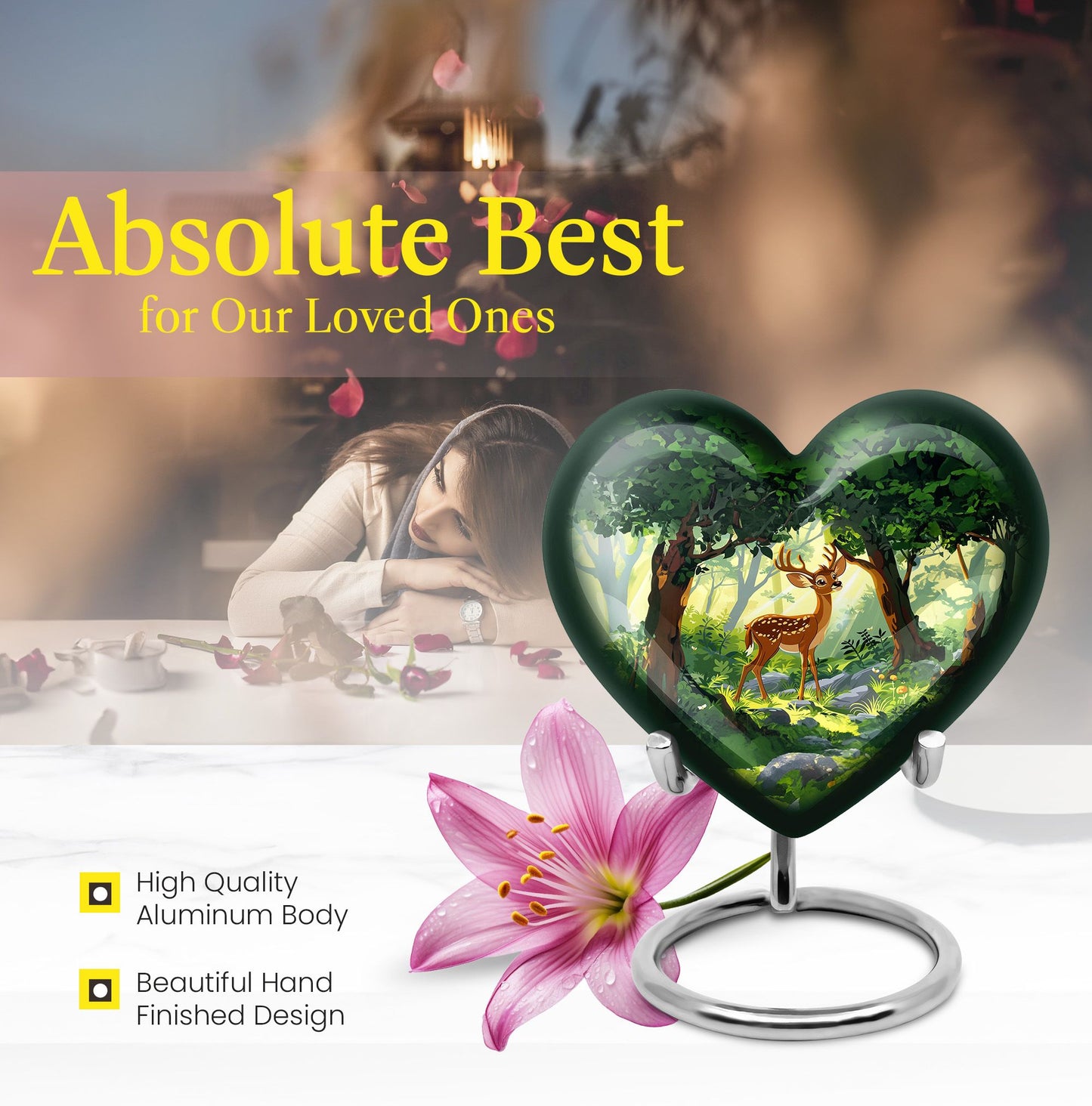 10 Inch Aluminium Heart-Shaped Deer Funeral Urn for Mom, with Personalized Engraving Option