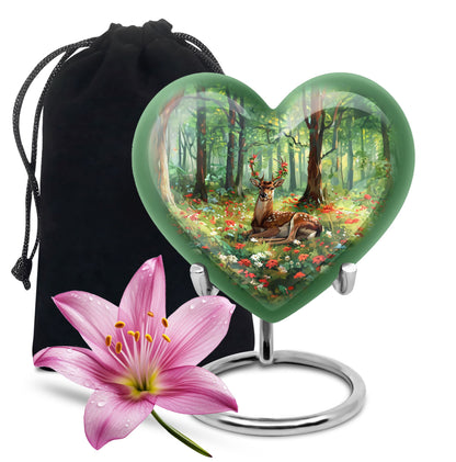 Heart-shaped deer urn with a Gramophone theme, ideal for mother's cremation ashes