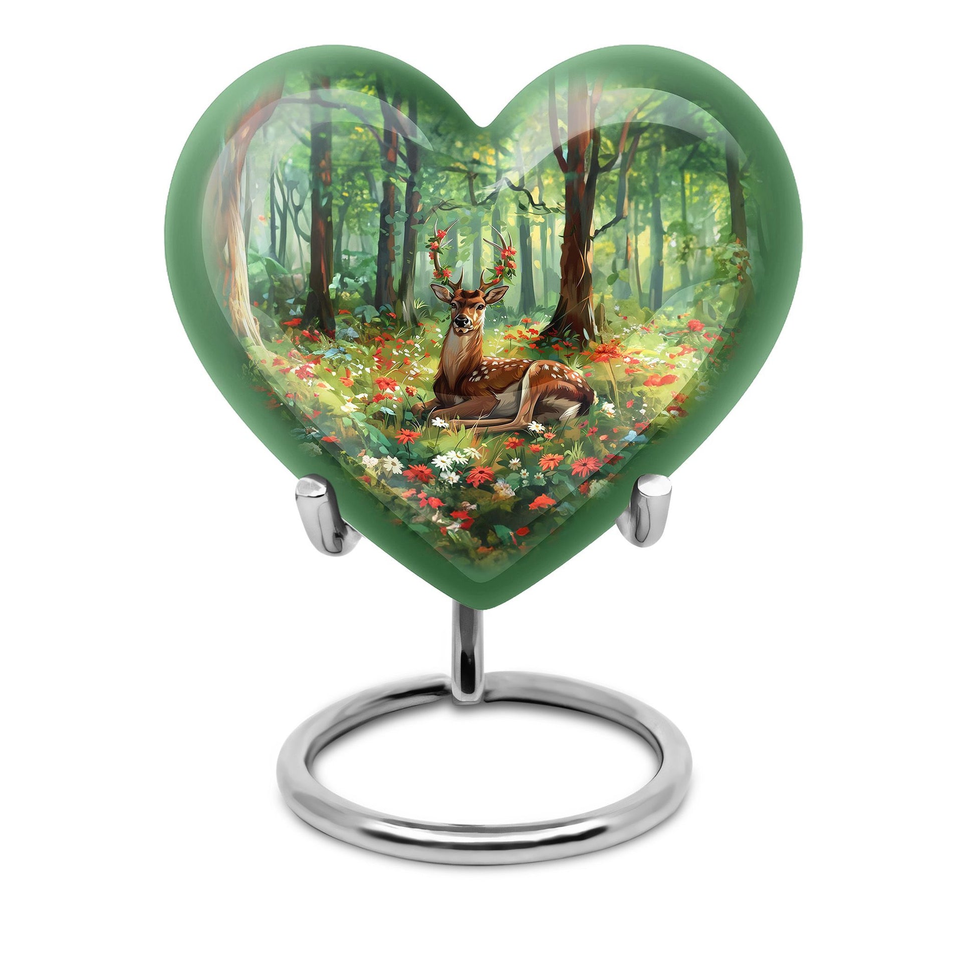 Heart-shaped deer urn with a Gramophone theme, ideal for mother's cremation ashes