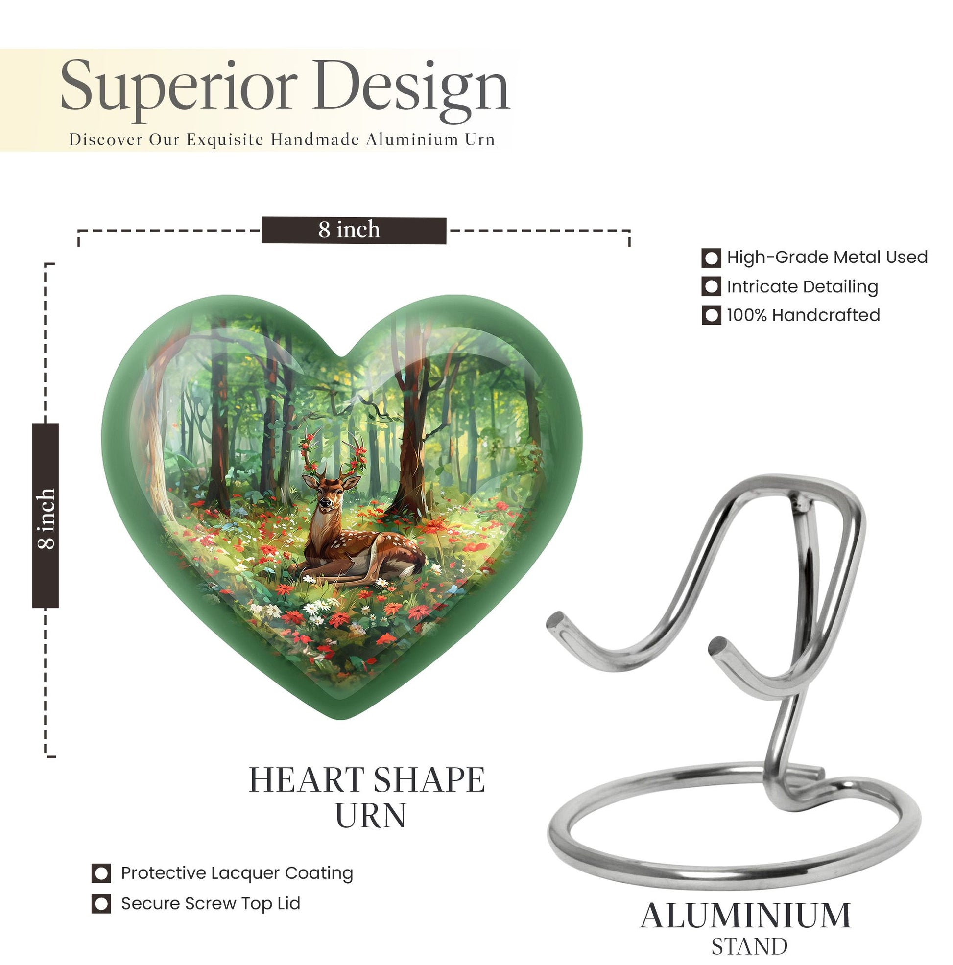 Heart-shaped deer urn with a Gramophone theme, ideal for mother's cremation ashes
