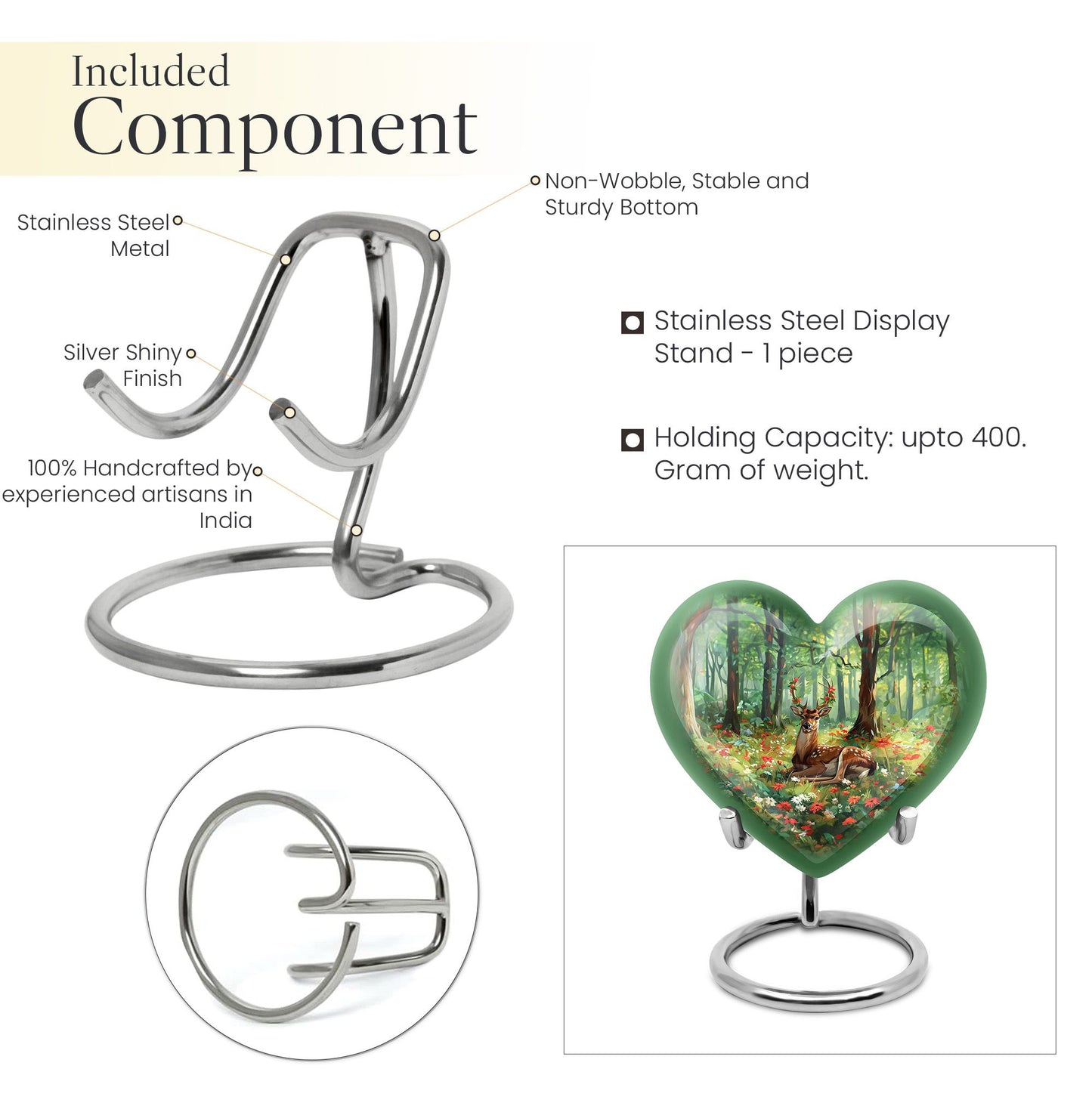 Heart-shaped deer urn with a Gramophone theme, ideal for mother's cremation ashes