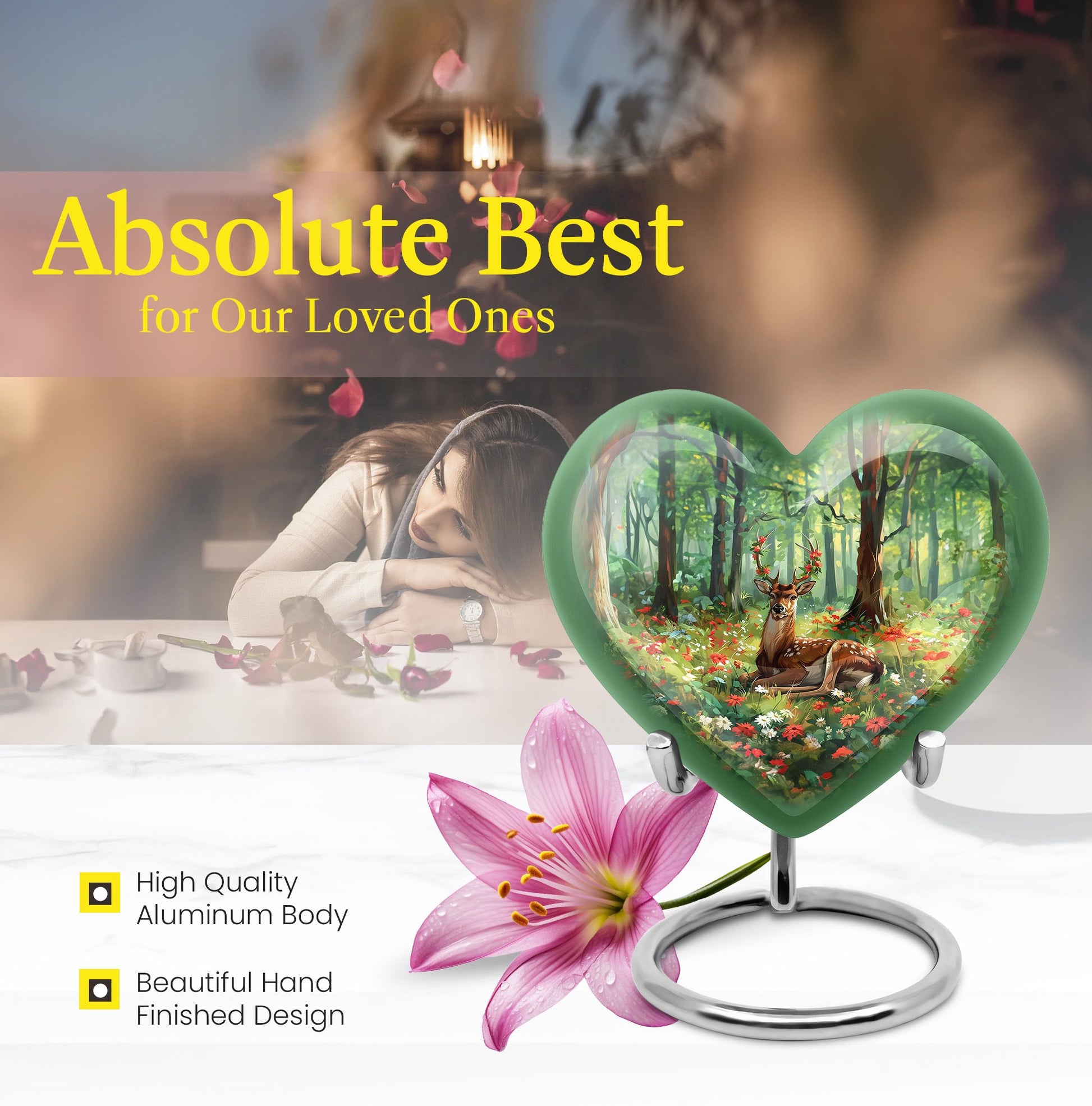 Heart-shaped deer urn with a Gramophone theme, ideal for mother's cremation ashes