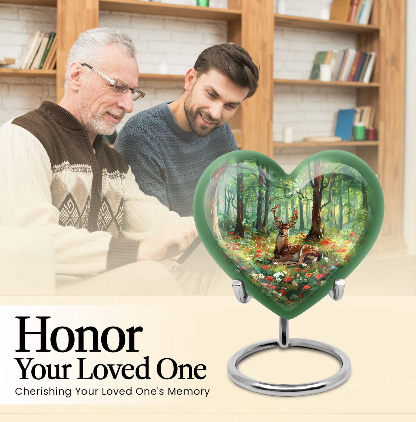 Heart-shaped deer urn with a Gramophone theme, ideal for mother's cremation ashes