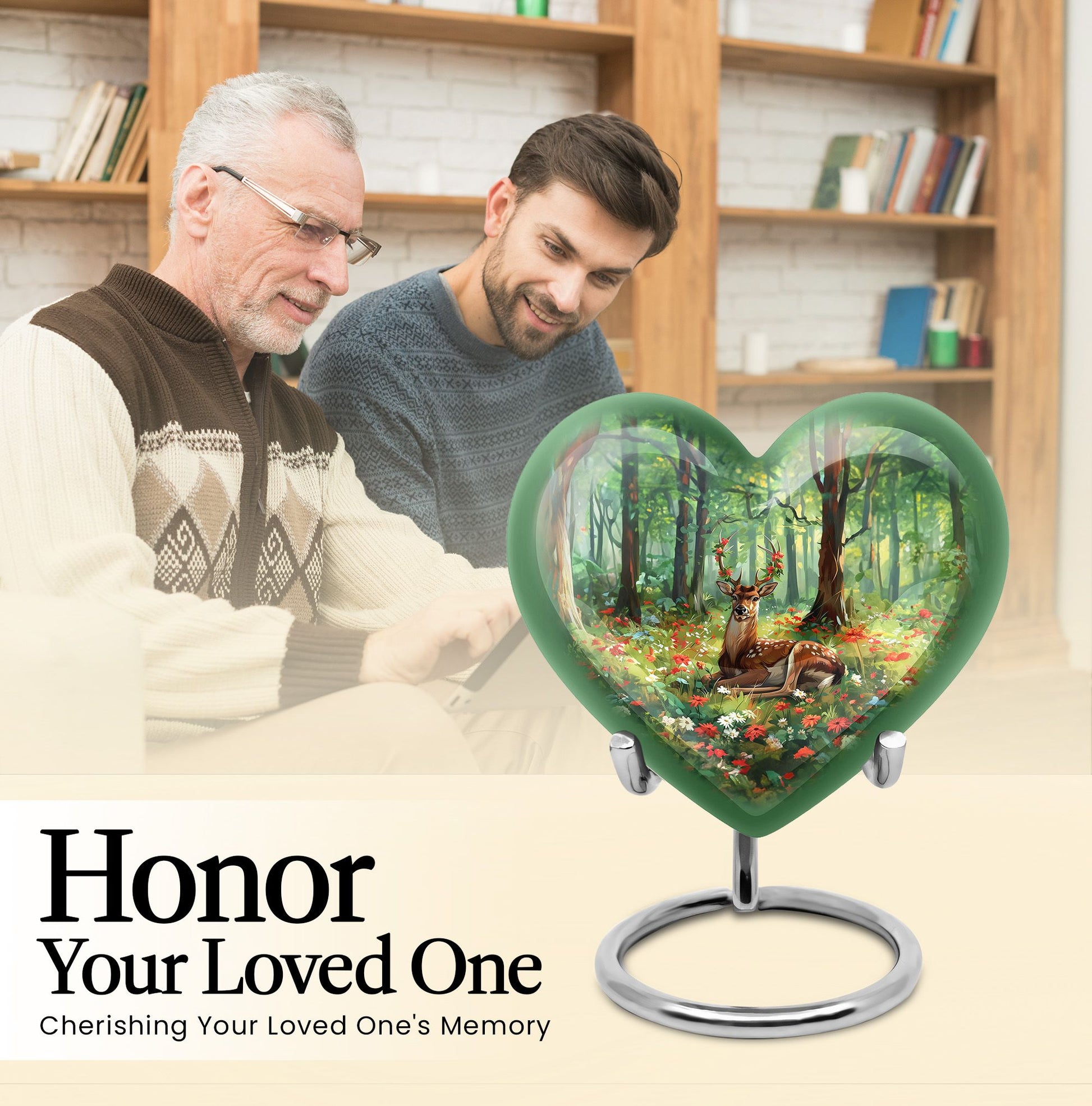 Heart-shaped deer urn with a Gramophone theme, ideal for mother's cremation ashes
