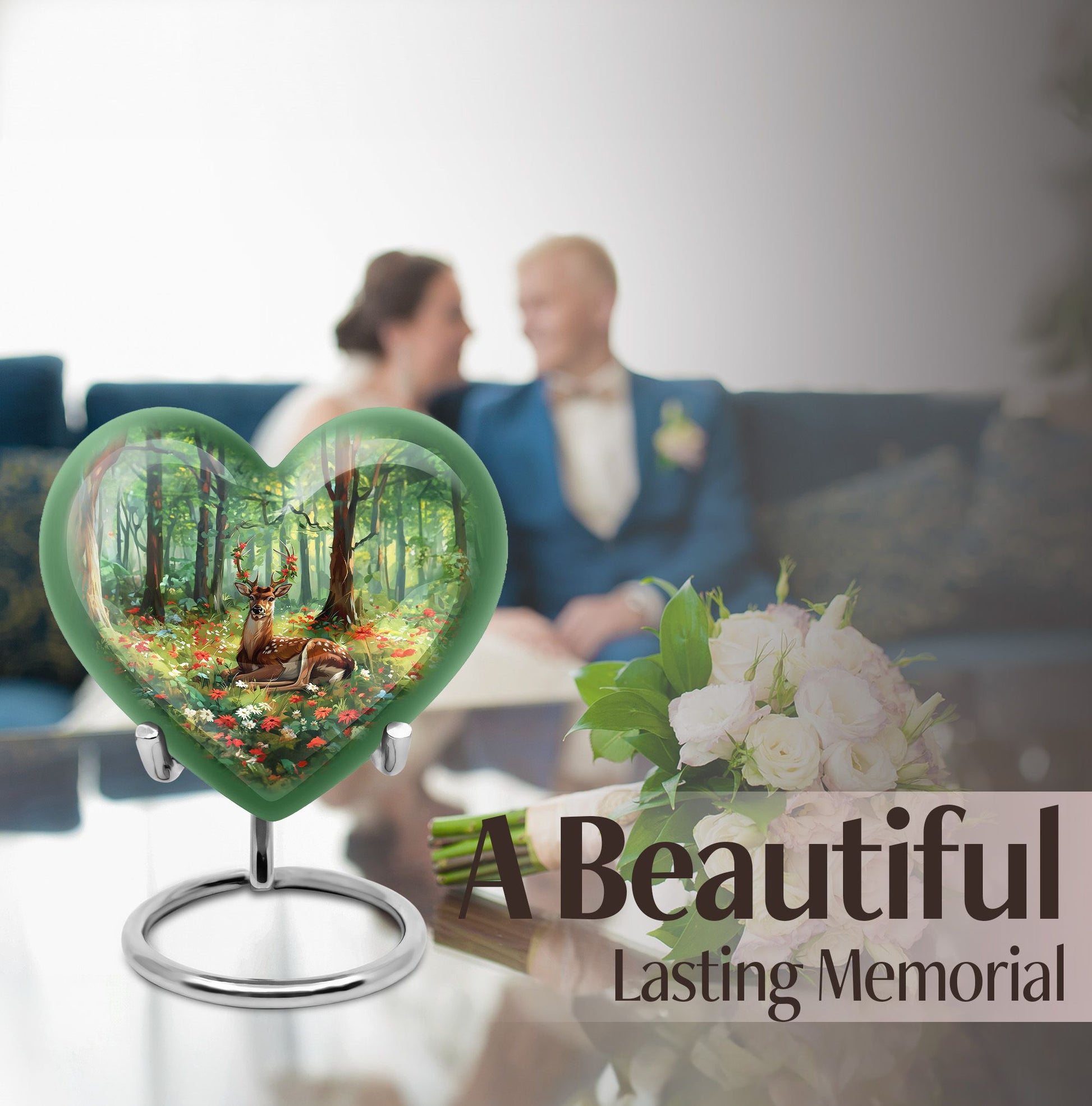 Heart-shaped deer urn with a Gramophone theme, ideal for mother's cremation ashes