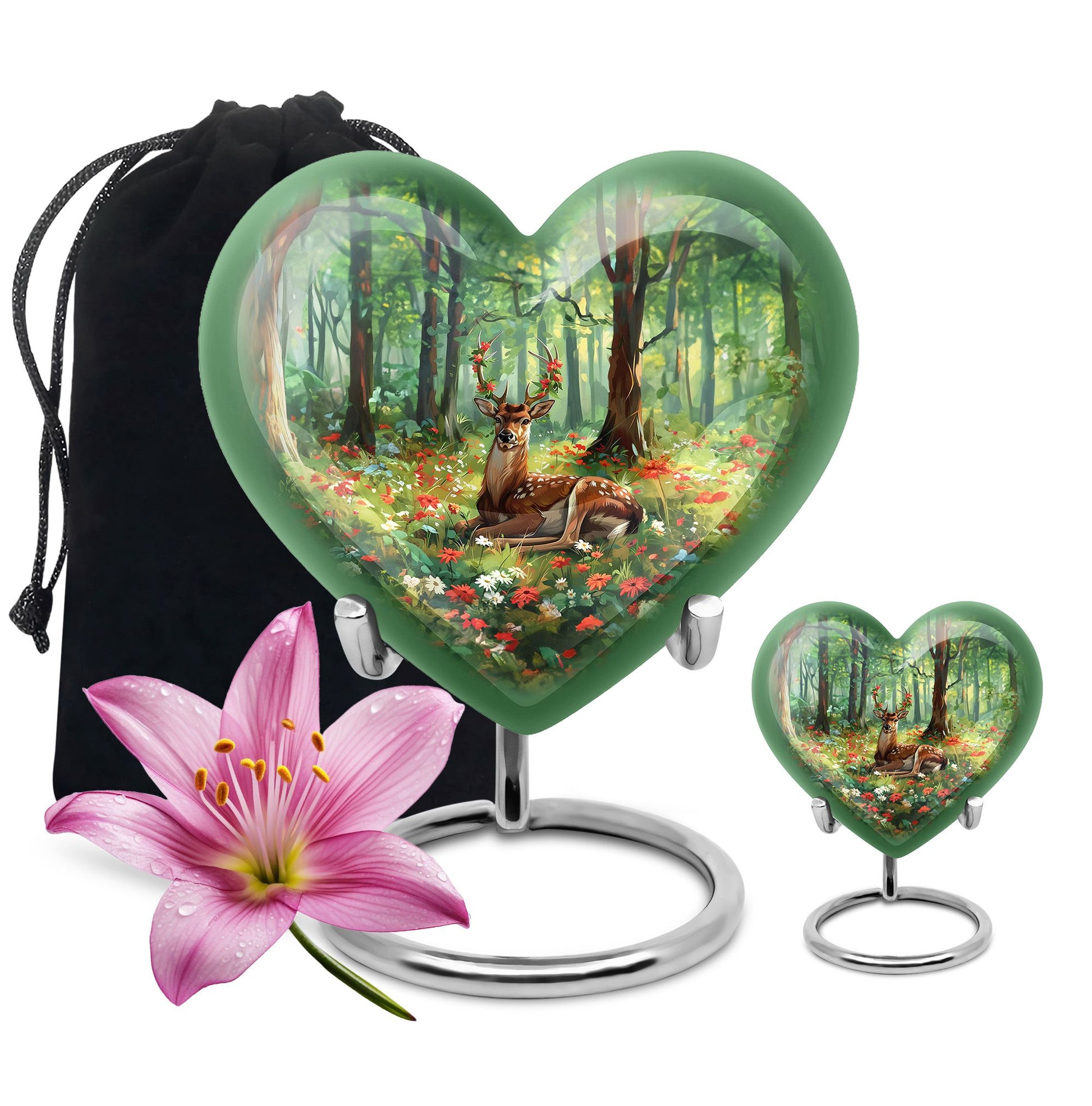 Heart-shaped deer urn with a Gramophone theme, ideal for mother's cremation ashes