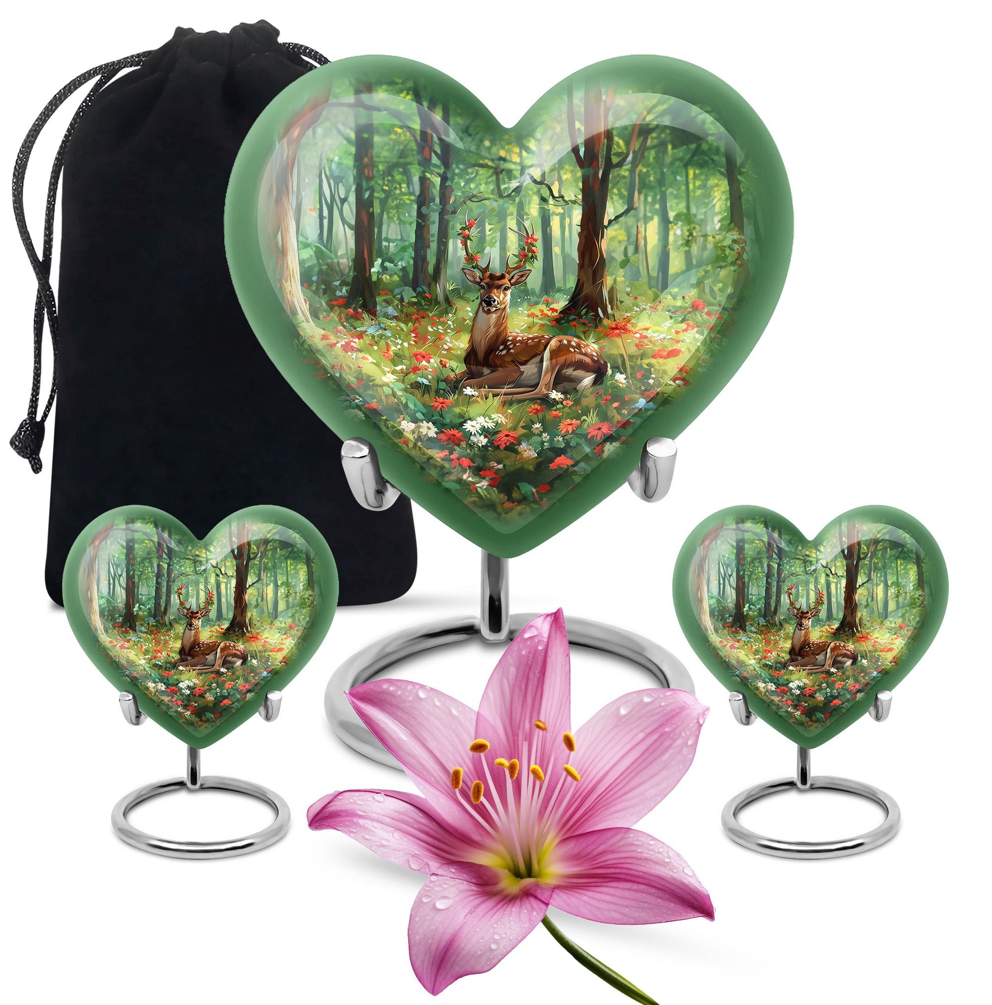 Heart-shaped deer urn with a Gramophone theme, ideal for mother's cremation ashes