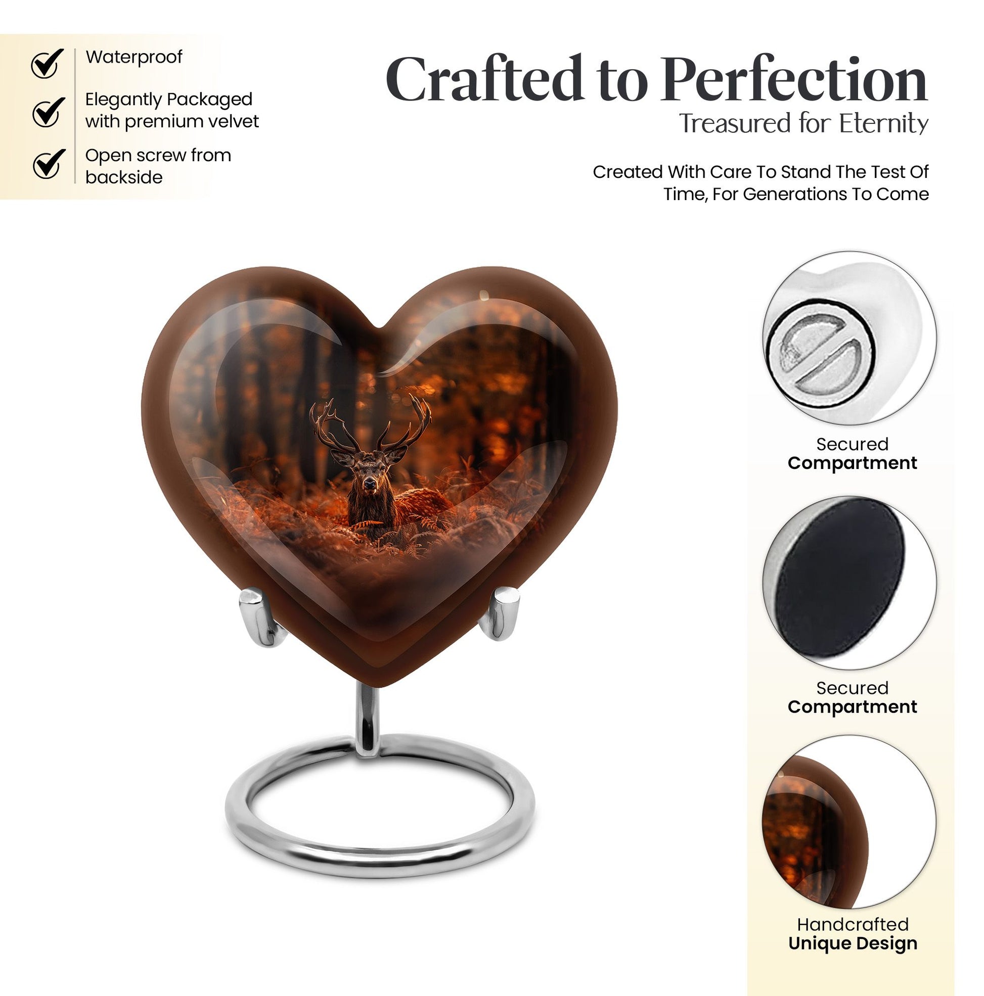 Heart-shaped deer urn, 10-inch aluminium 