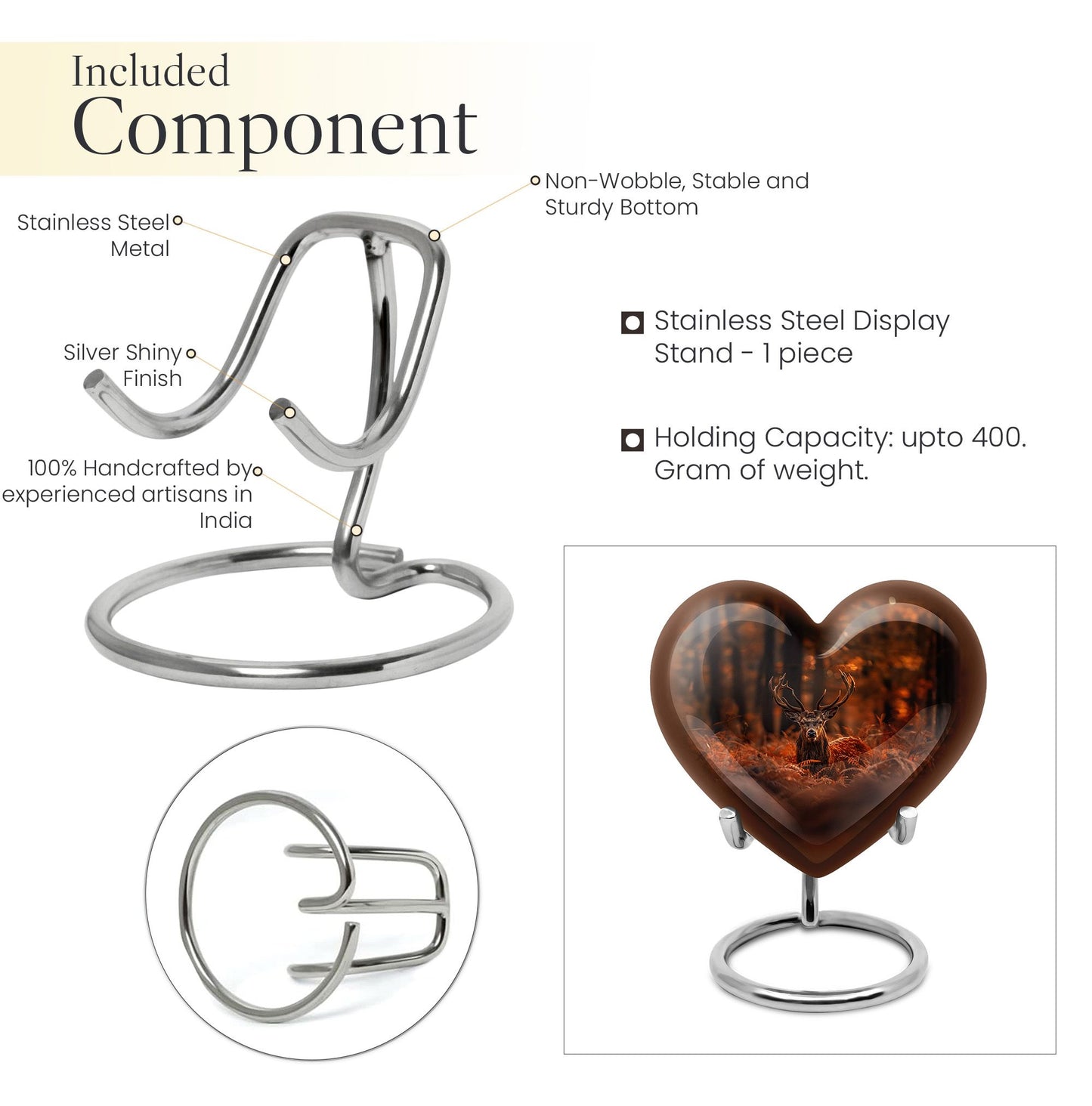 Heart-shaped deer urn, 10-inch aluminium 