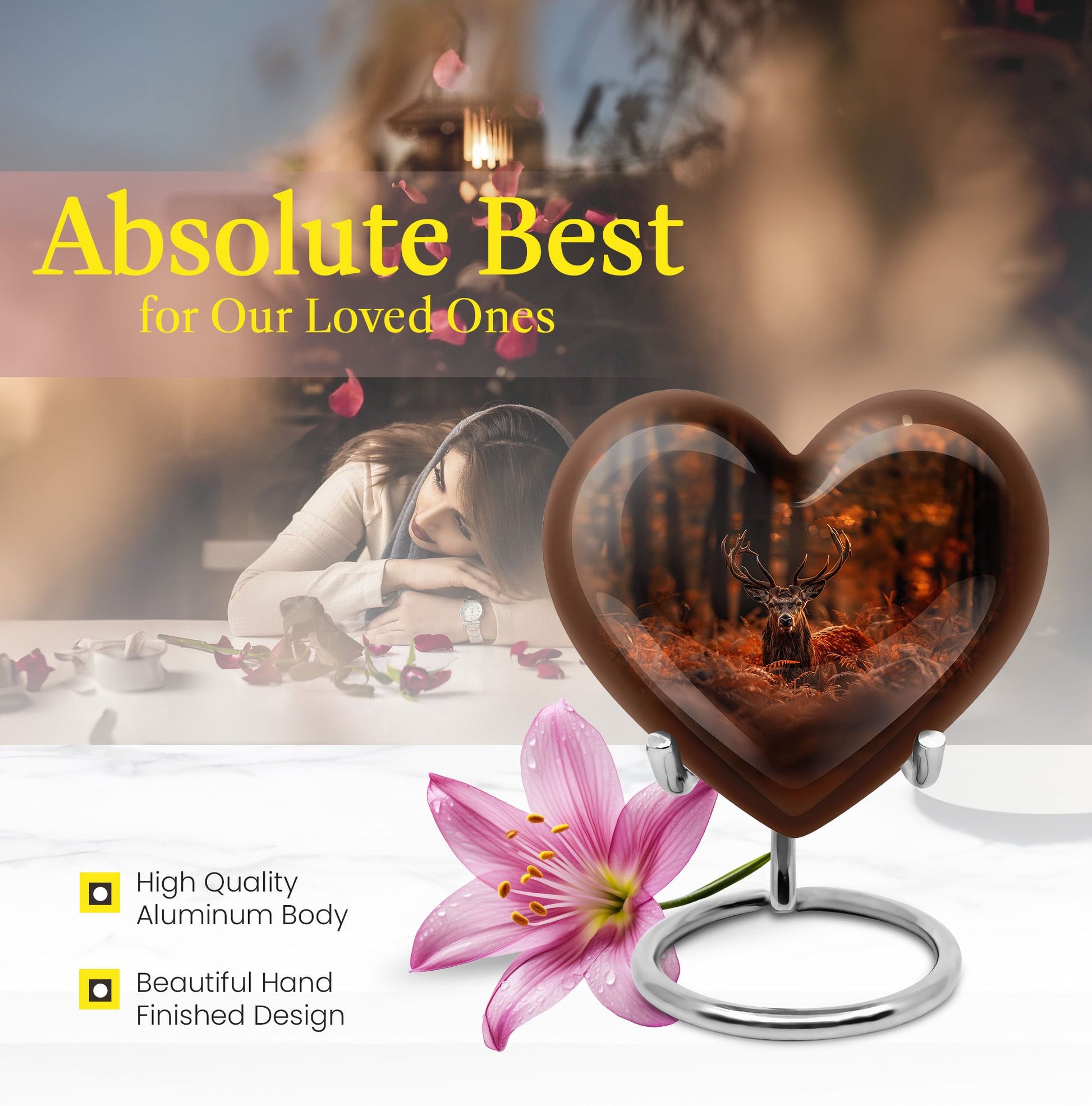 Heart-shaped deer urn, 10-inch aluminium 