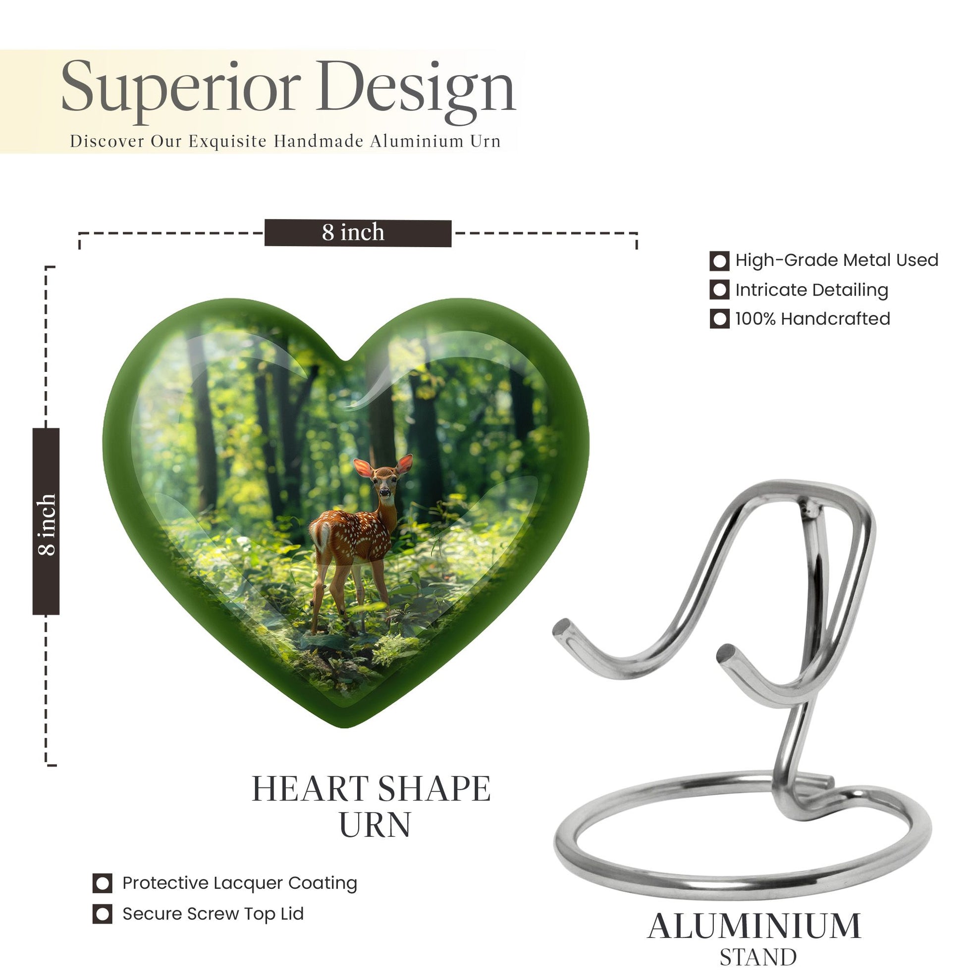 10 inch deer-themed heart urn for ashes, with personal engraving