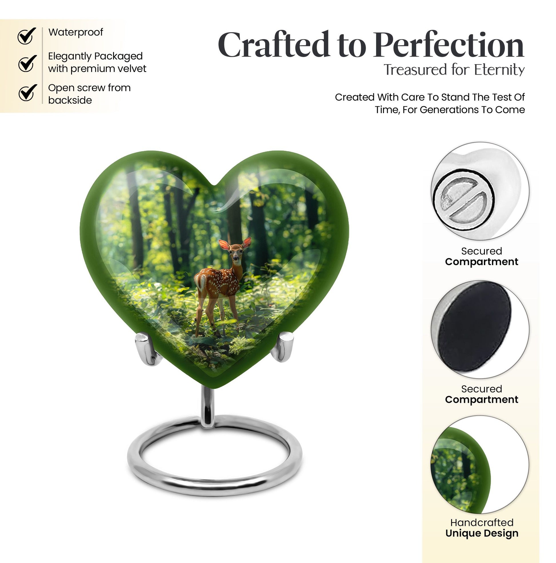 10 inch deer-themed heart urn for ashes, with personal engraving