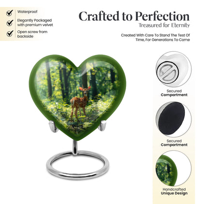 10 inch deer-themed heart urn for ashes, with personal engraving
