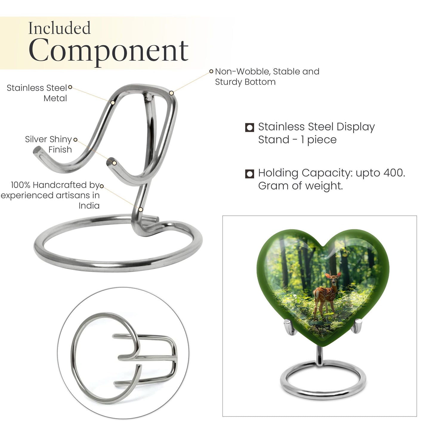 10 inch deer-themed heart urn for ashes, with personal engraving