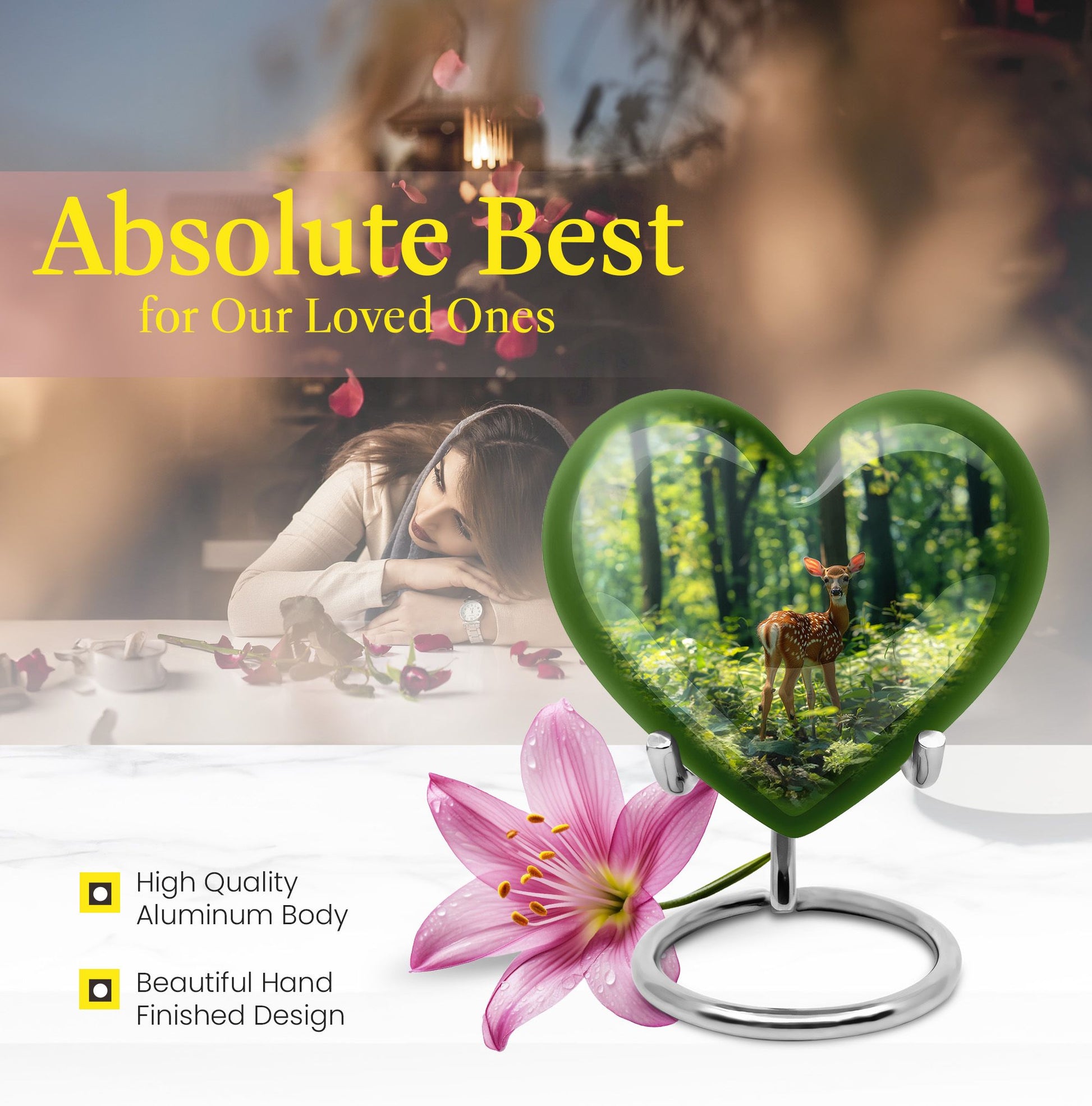 10 inch deer-themed heart urn for ashes, with personal engraving