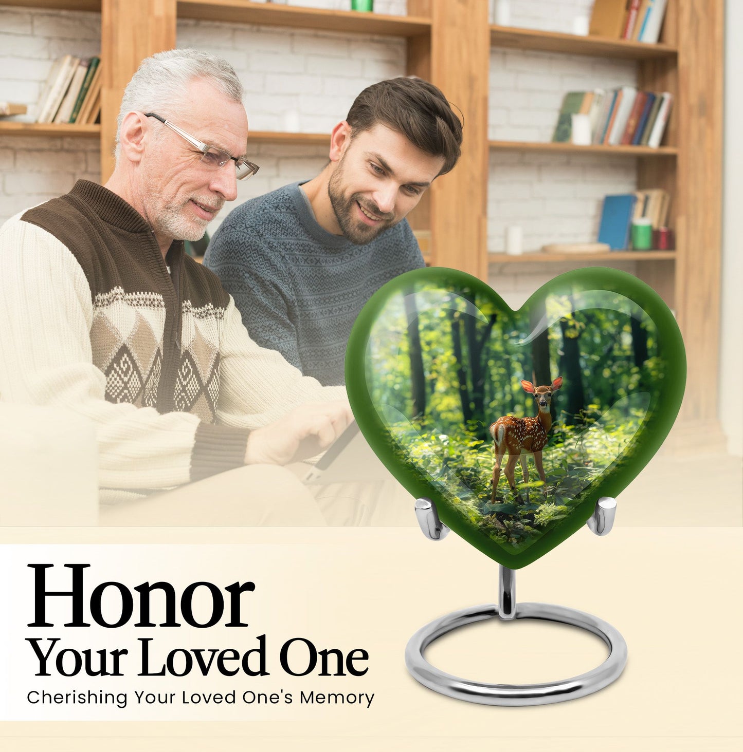 10 inch deer-themed heart urn for ashes, with personal engraving