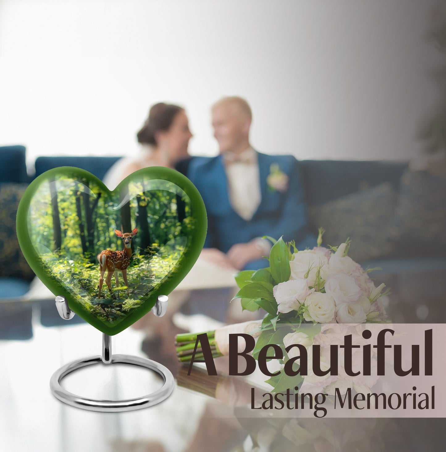 10 inch deer-themed heart urn for ashes, with personal engraving