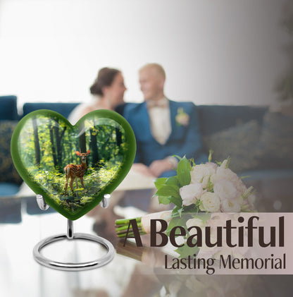 10 inch deer-themed heart urn for ashes, with personal engraving