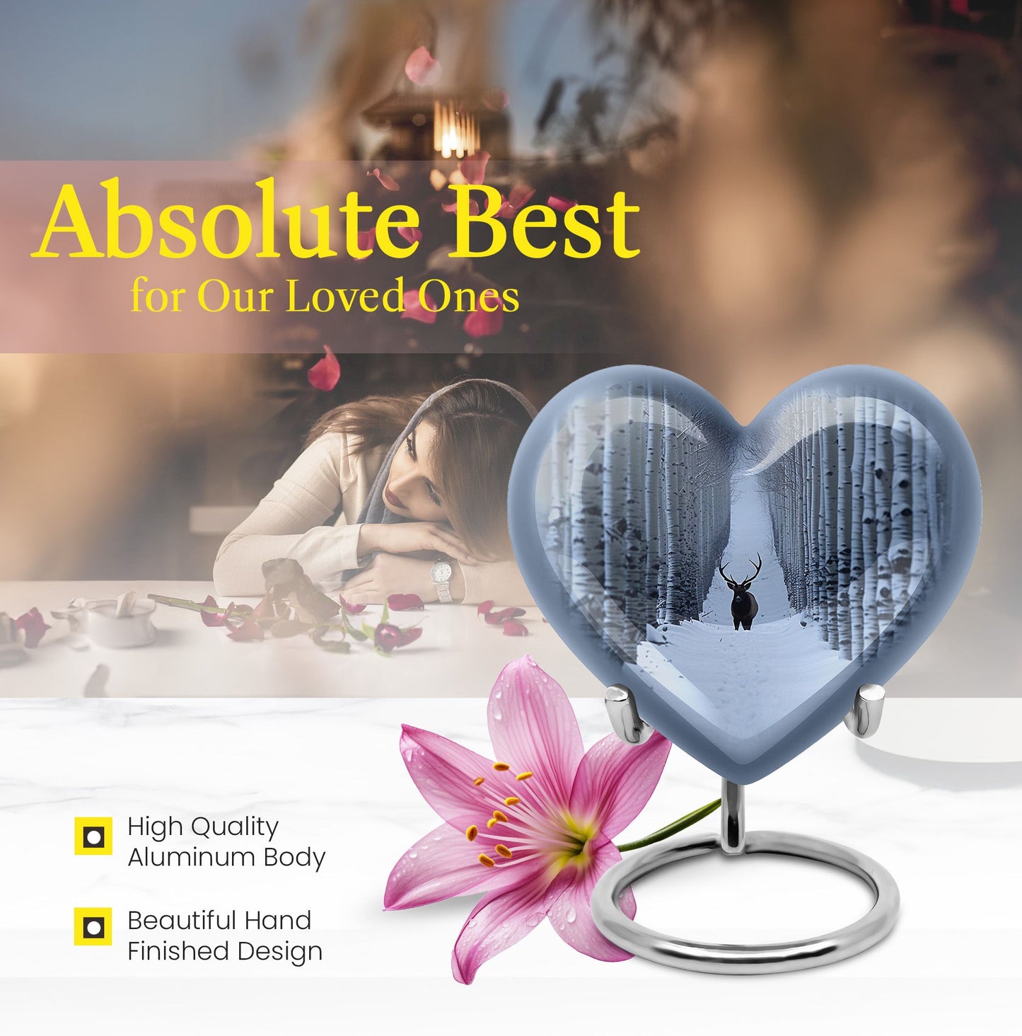 10-inch heart-shaped deer urn with gramophone 