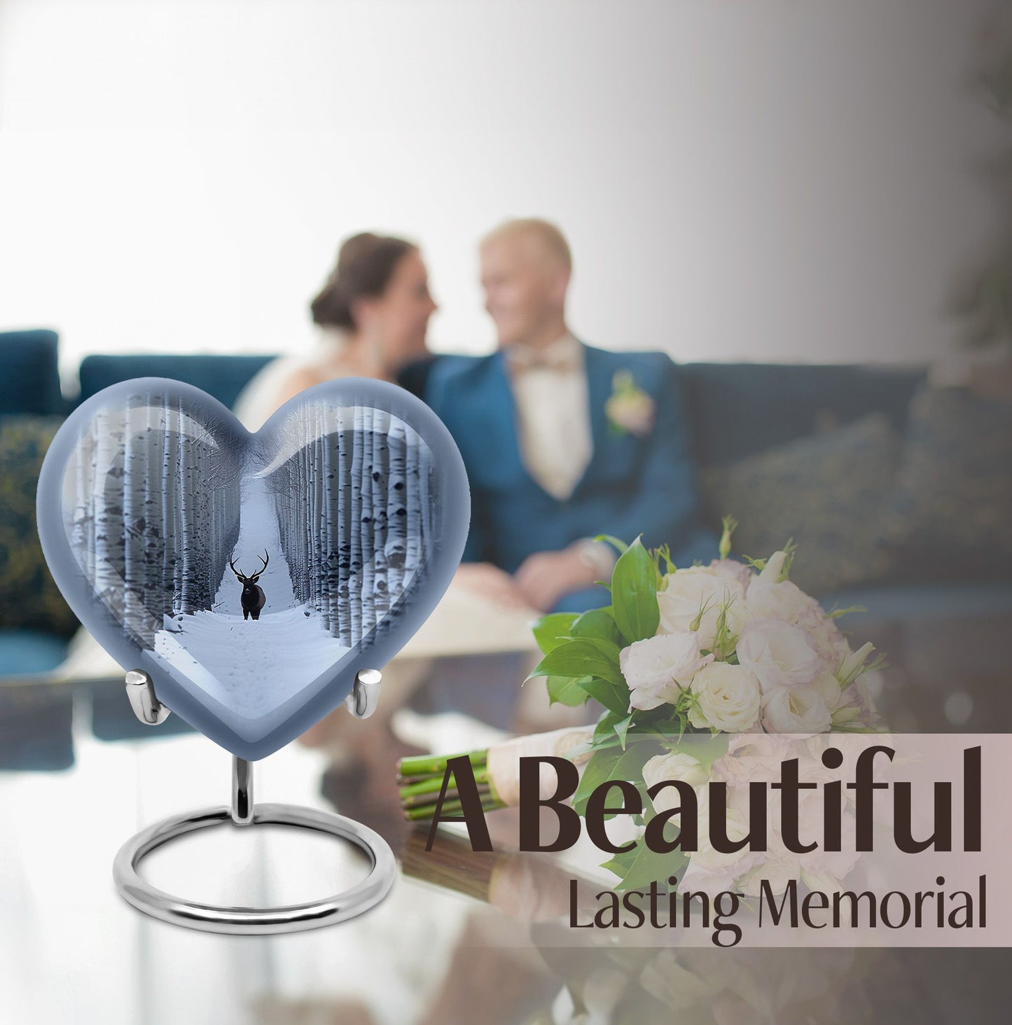 10-inch heart-shaped deer urn with gramophone 