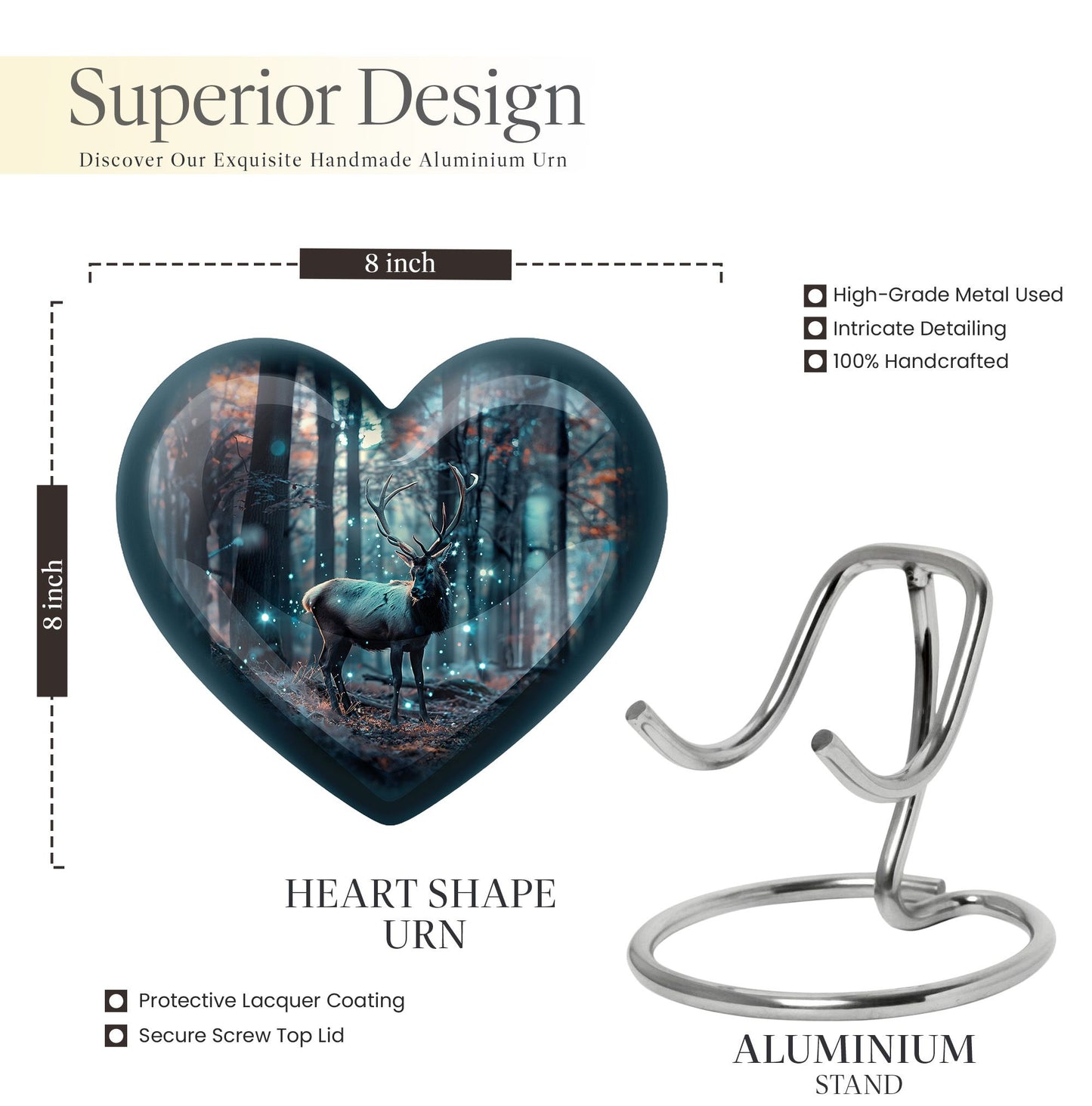 10-inch heart-shaped deer urn for human ashes