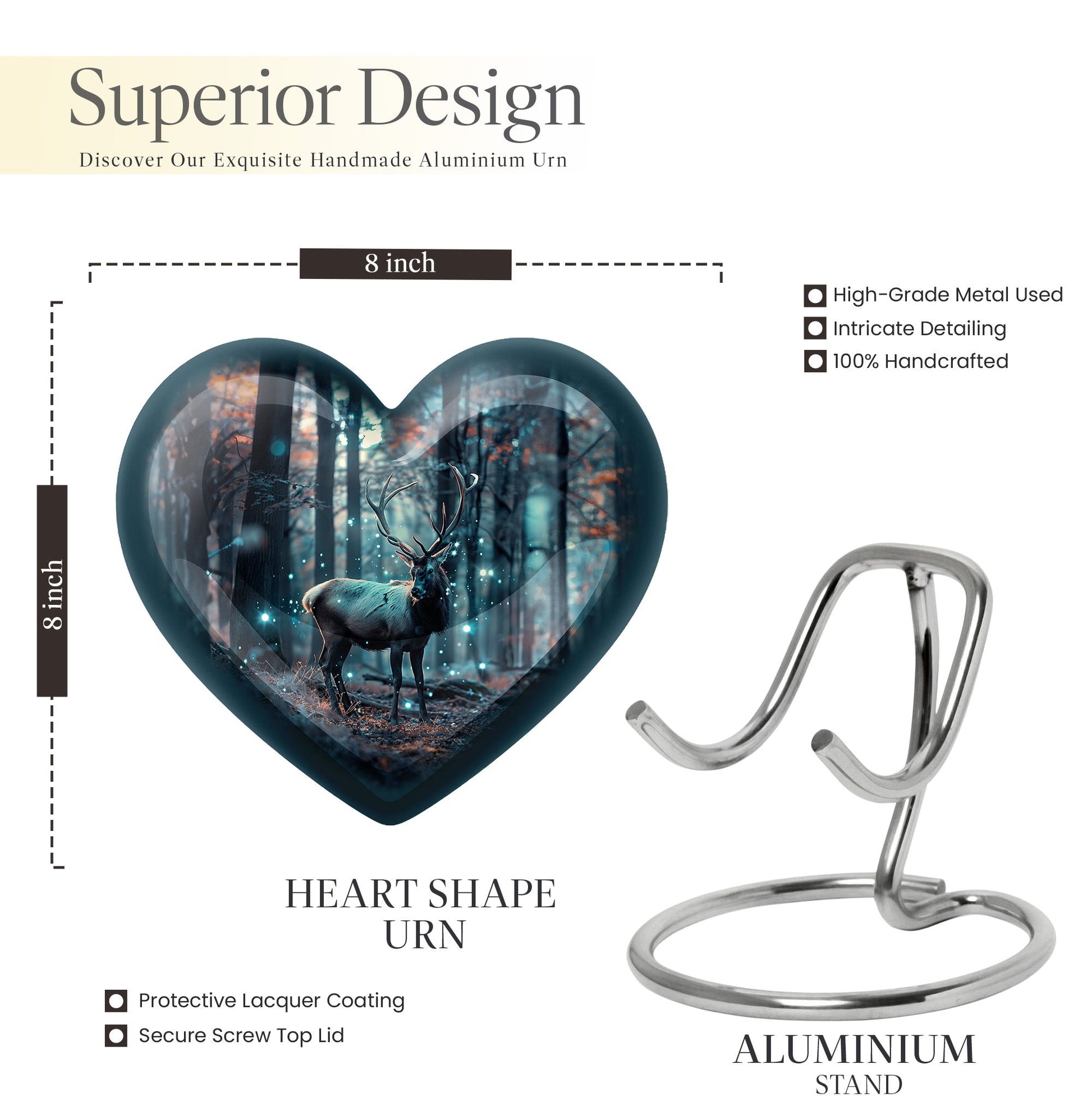 10-inch heart-shaped deer urn for human ashes