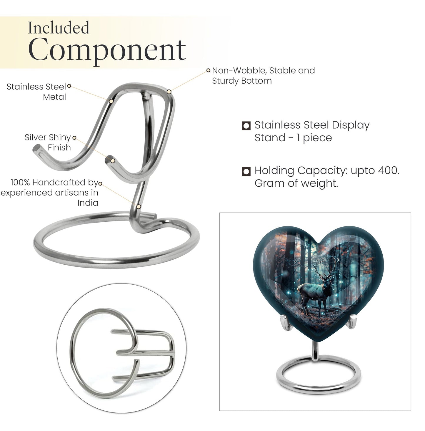 10-inch heart-shaped deer urn for human ashes