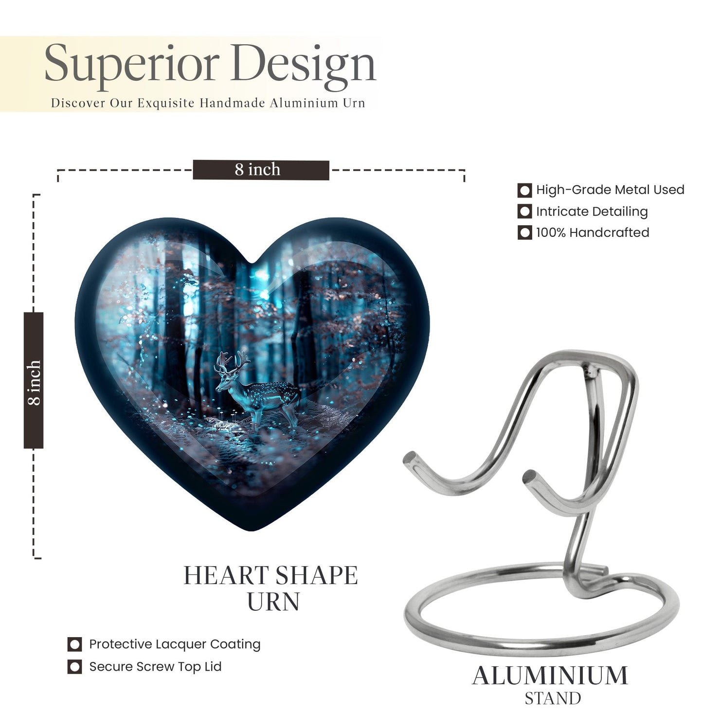 10-inch heart-shaped deer urn for adult female ashes, with gramophone theme