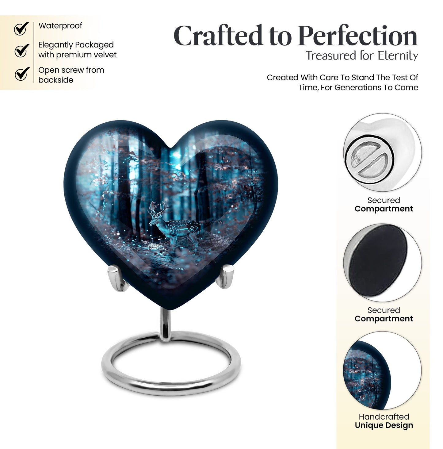 10-inch heart-shaped deer urn for adult female ashes, with gramophone theme