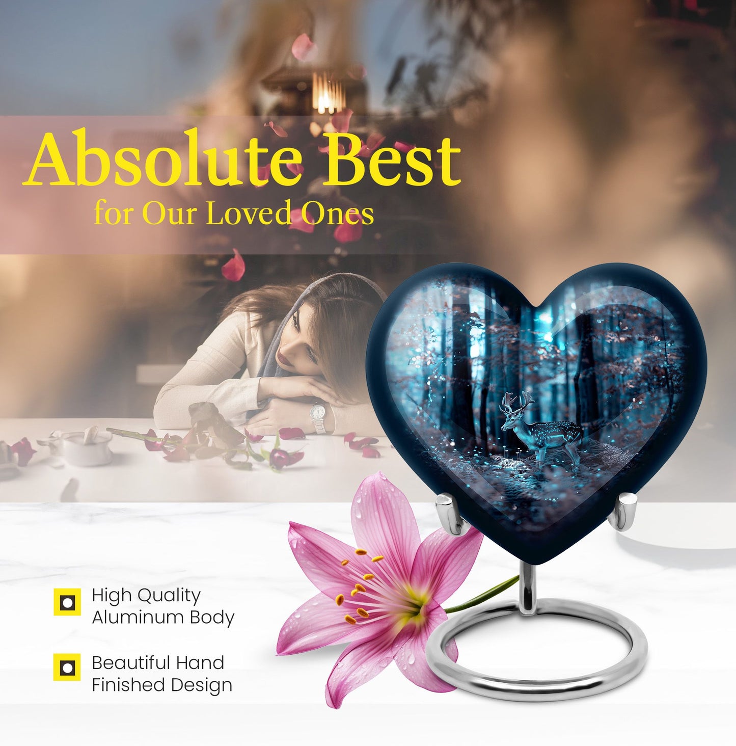 10-inch heart-shaped deer urn for adult female ashes, with gramophone theme
