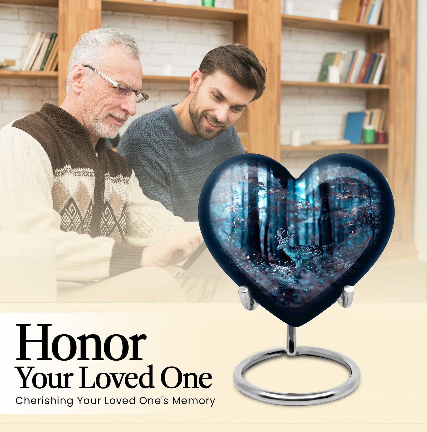10-inch heart-shaped deer urn for adult female ashes, with gramophone theme