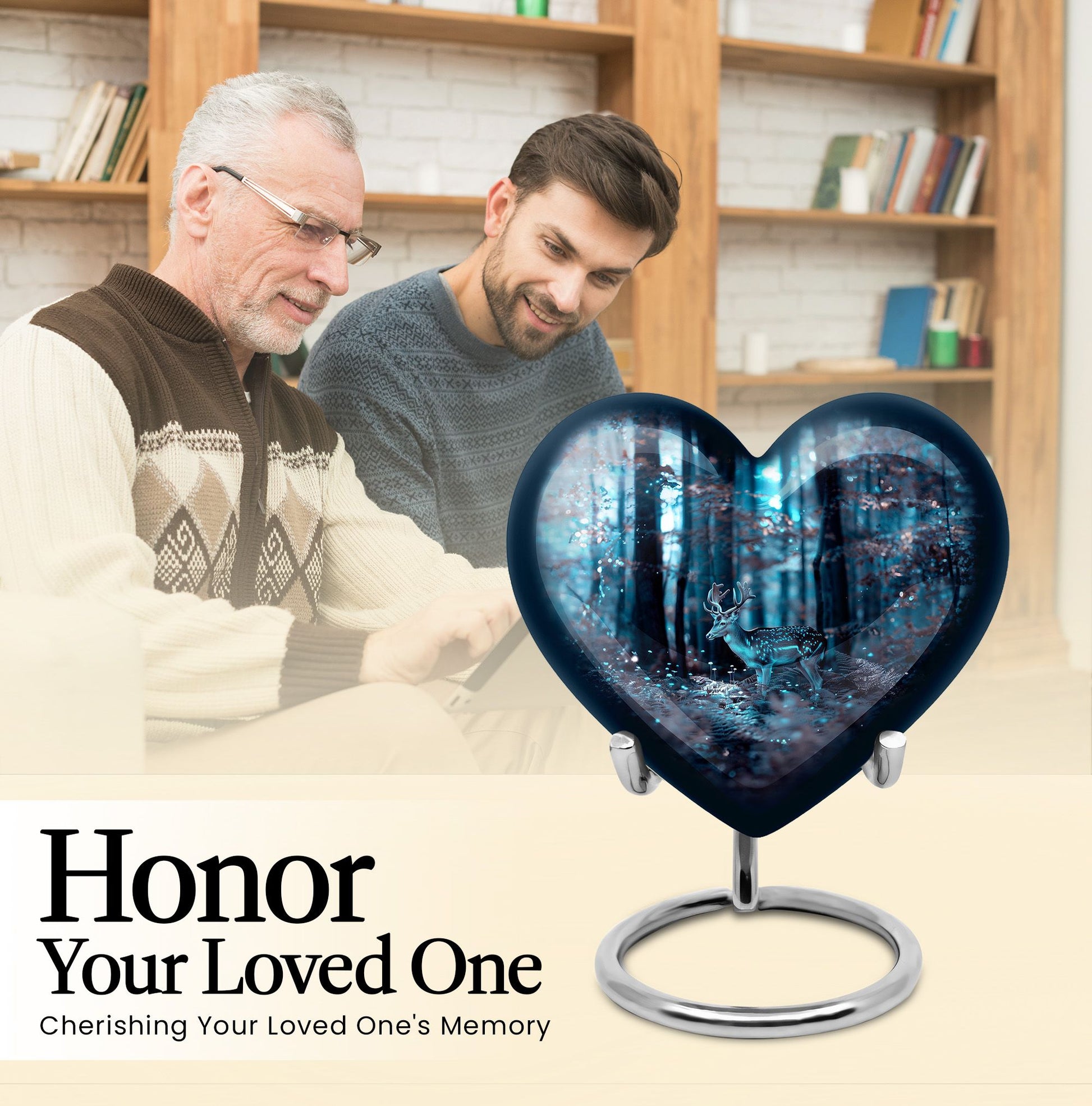 10-inch heart-shaped deer urn for adult female ashes, with gramophone theme