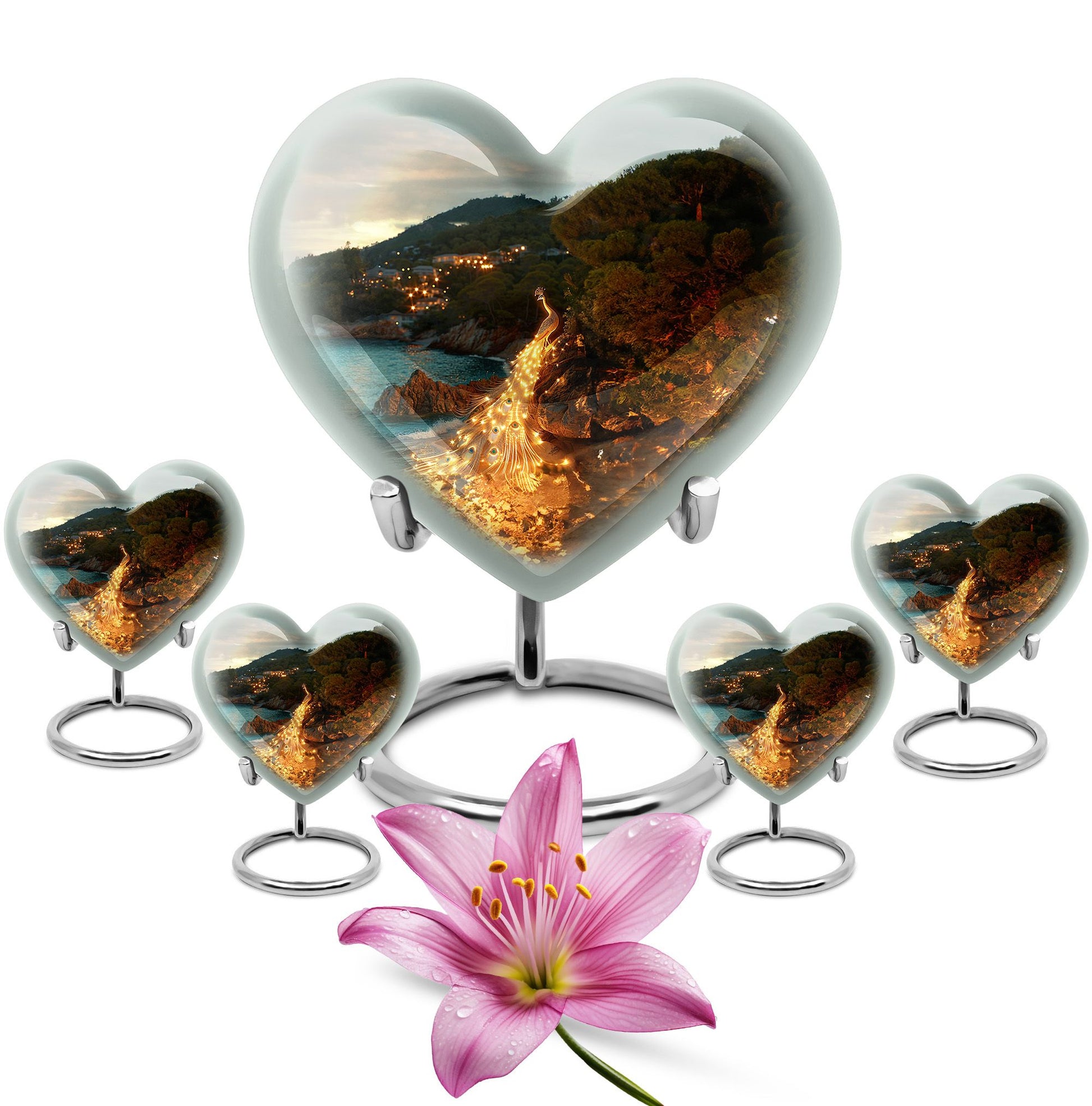 Peacock Theme Large Urn With 4 Keepsake Urn