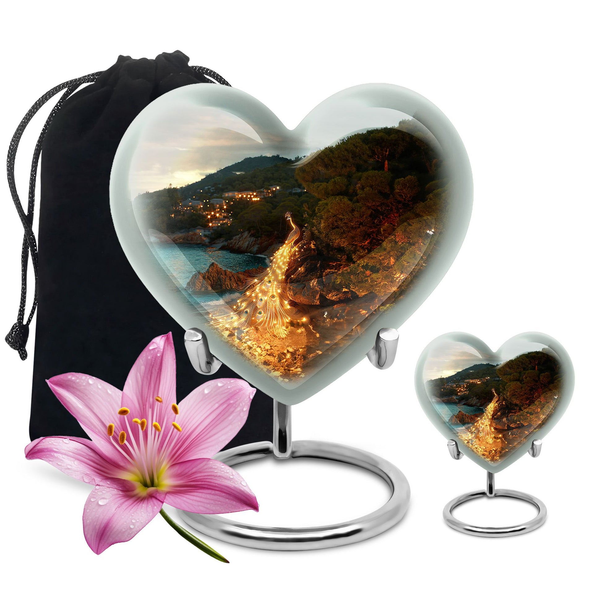 Peacock Theme Large Urn With 1 Keepsake Urn