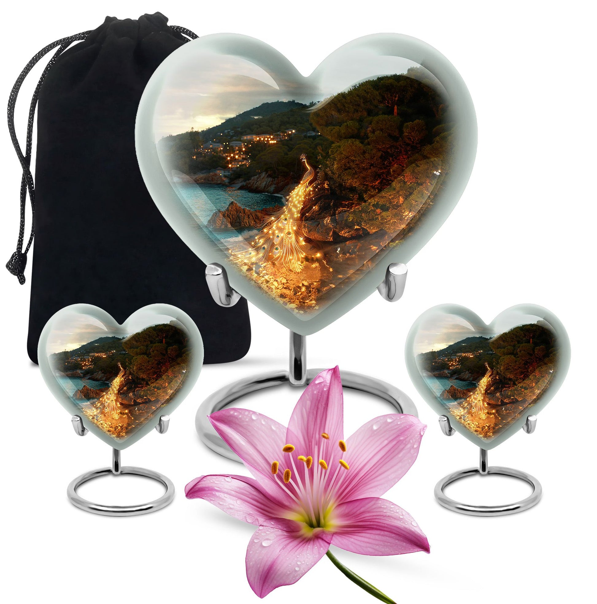 Peacock Theme Large Urn With 2 Keepsake Urn