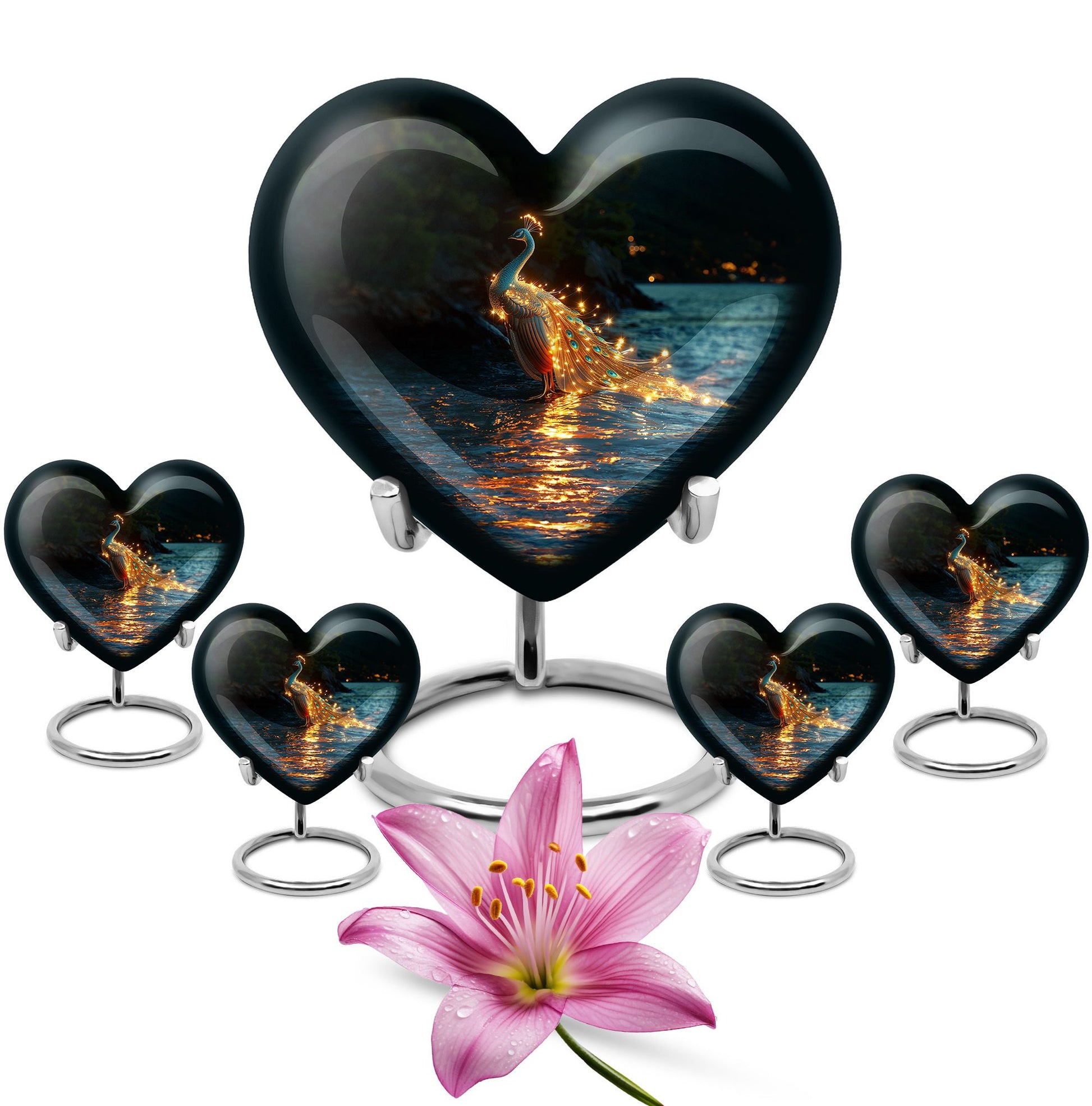 Peacock Theme Large Urn With 4 Keepsake Urn