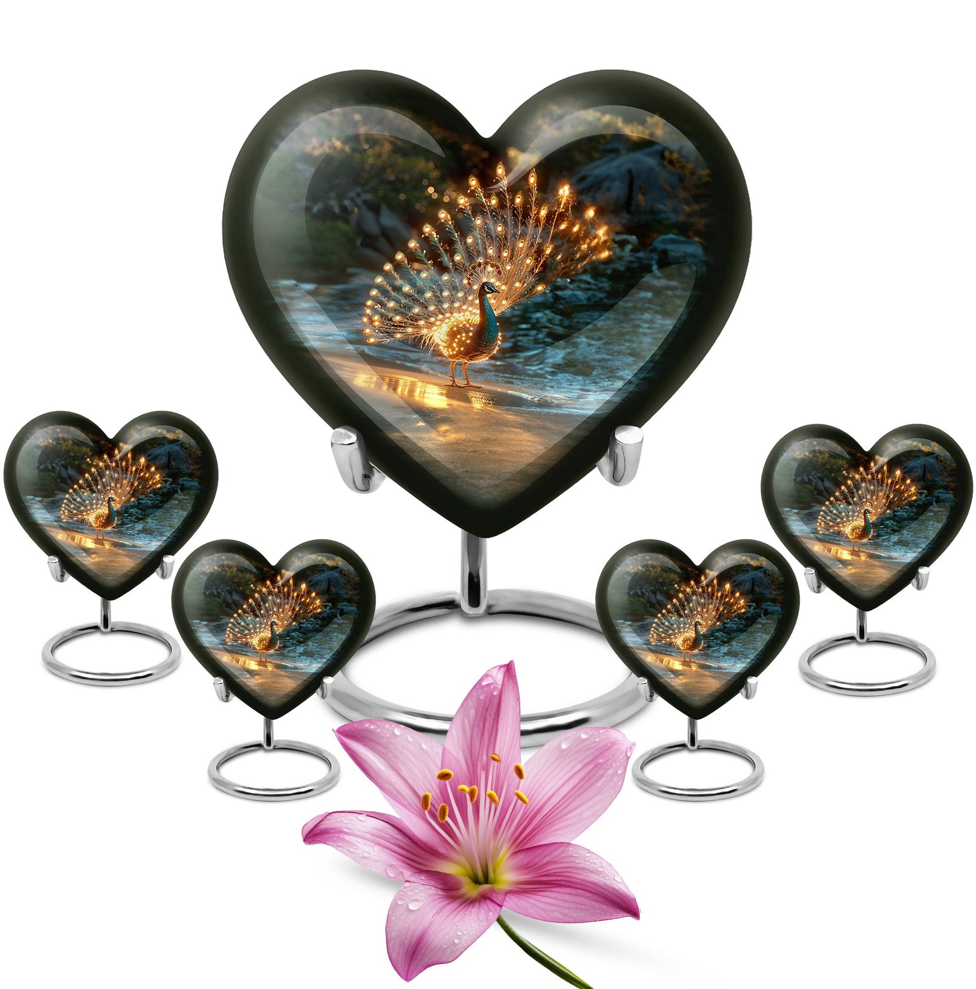 Peacock Theme Large Urn With 4 Keepsake Urn