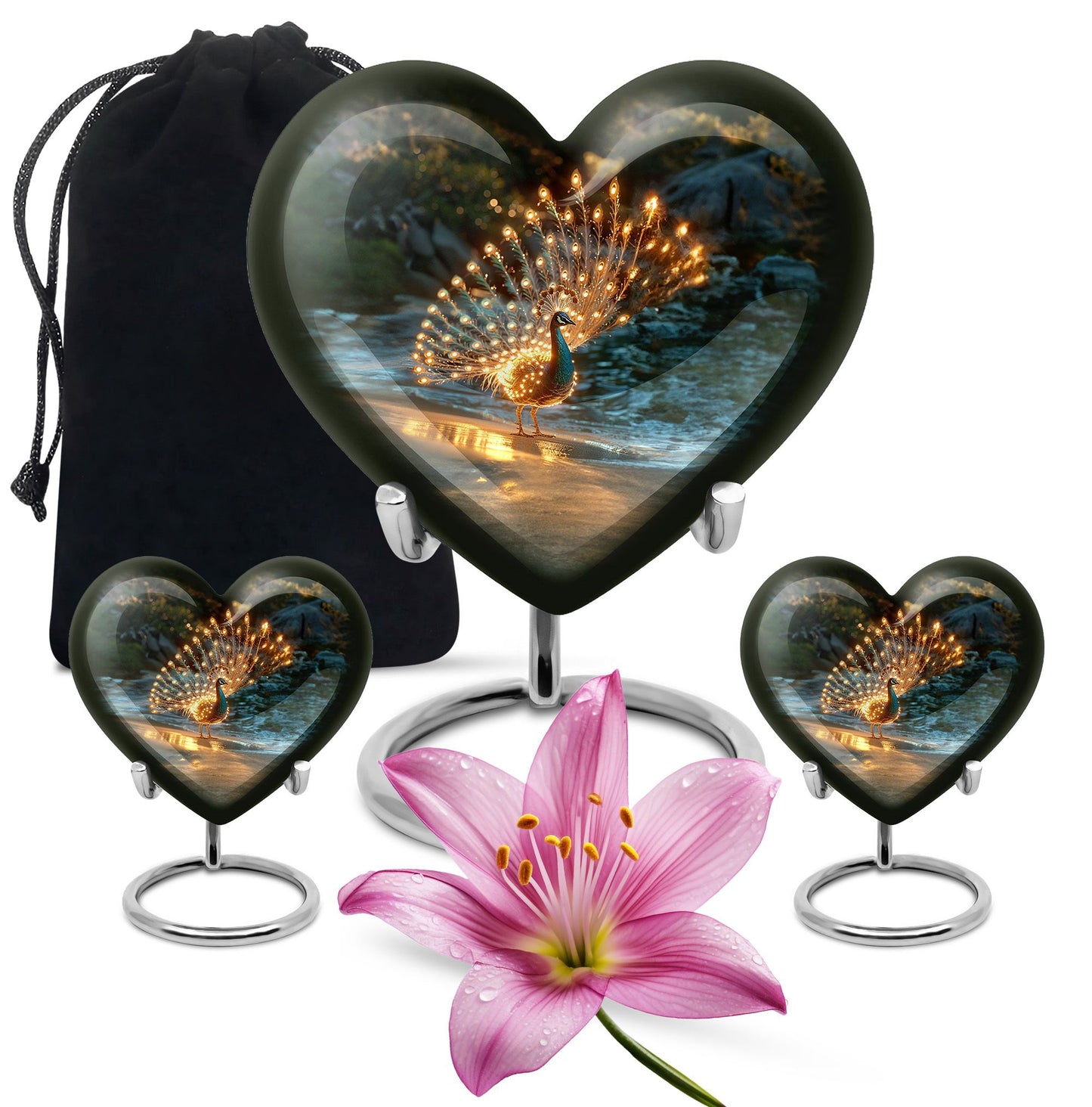 Peacock Theme Large Urn With 2 Keepsake Urn