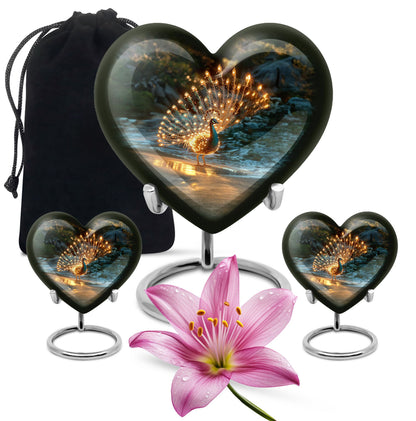 Peacock Theme Large Urn With 2 Keepsake Urn